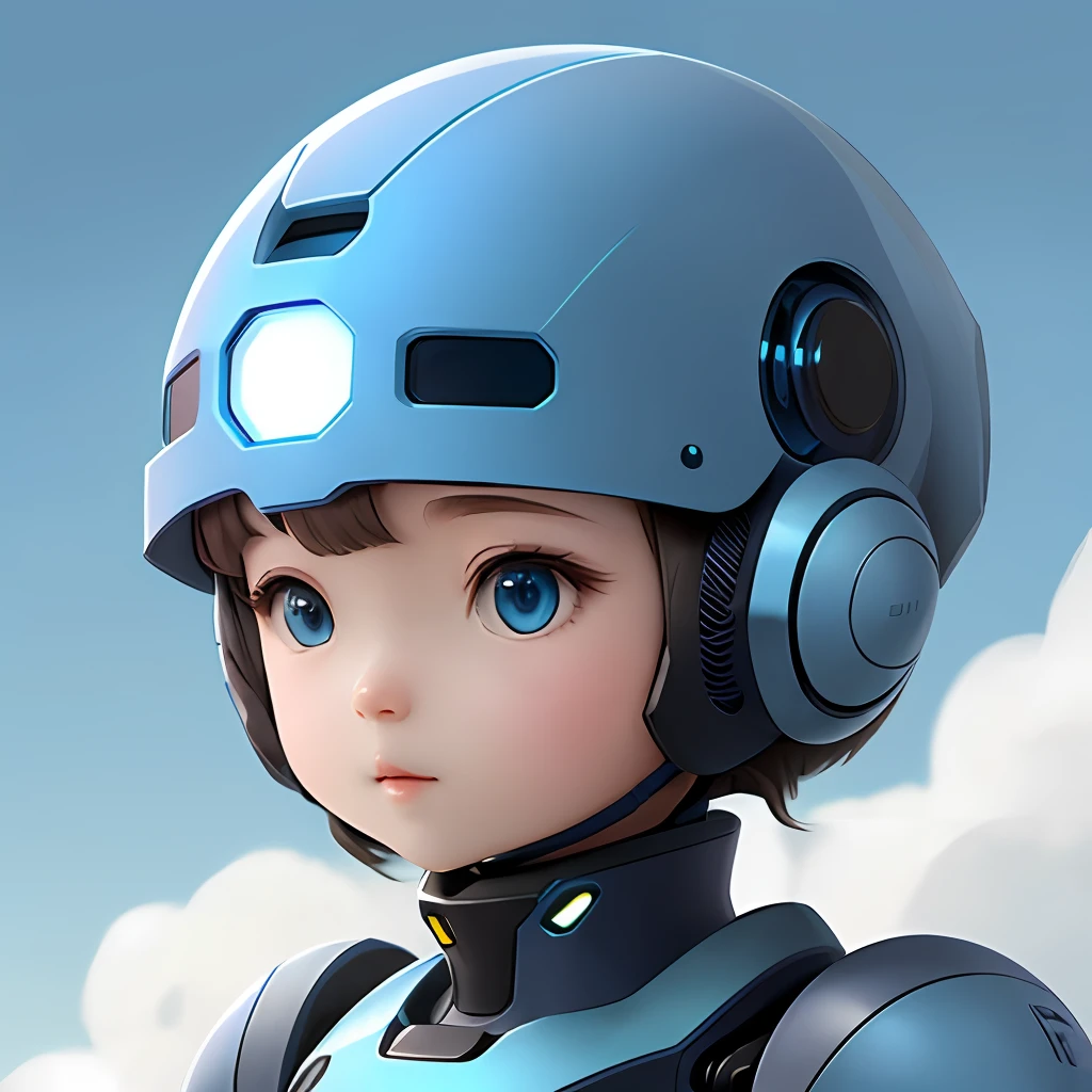 Blue high-tech robot, front avatar, simple and rounded shape, cute, affinity, say hi, with scenery and blue-green tones