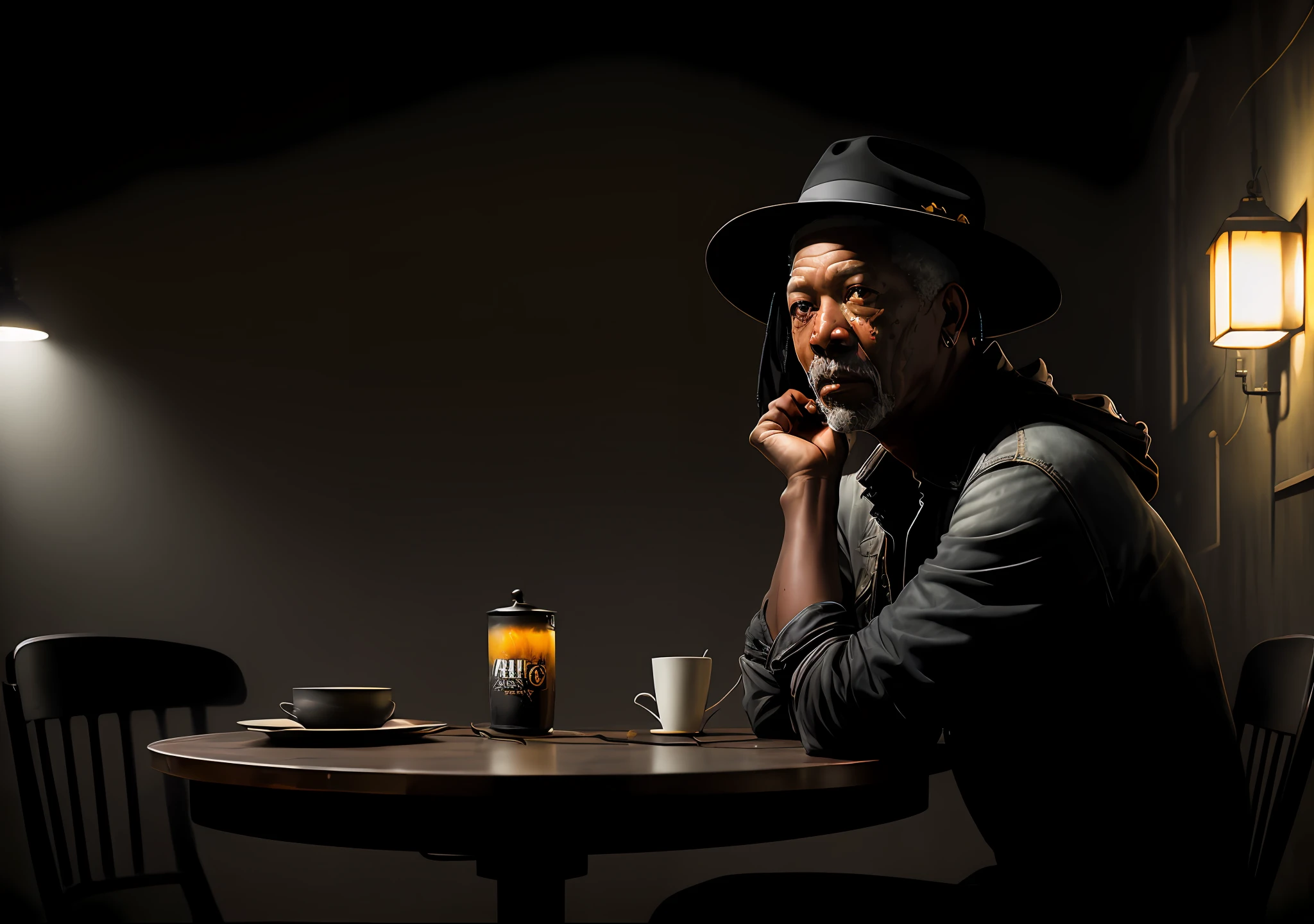 Morgan Freeman dark photo: sitting at the table with a hat, realistic epic, portrait of, eyes of Atey Ghailan, Greg Rutkowski, Greg Tocchini, James Gilleard, Joe Fenton, Kaethe Butcher, yellow gradient, black, brown and magenta color scheme, grunge aesthetic!!! Graffiti brand wall background, art by Greg Rutkowski and Artgerm, soft cinematic light, Adobe Lightroom, Photo Lab, HDR, intricate, highly detailed, (depth of field: 1.4), faded, (neutral colors: 1.2), (HDR: 1.4), (soft colors:1.2), hyperdetailed, (Artstation:1.4), cinematic, warm lights, dramatic light, (intricate details:1.1), complex background, (Rutkowski:0.66), (blue and orange:0.4)