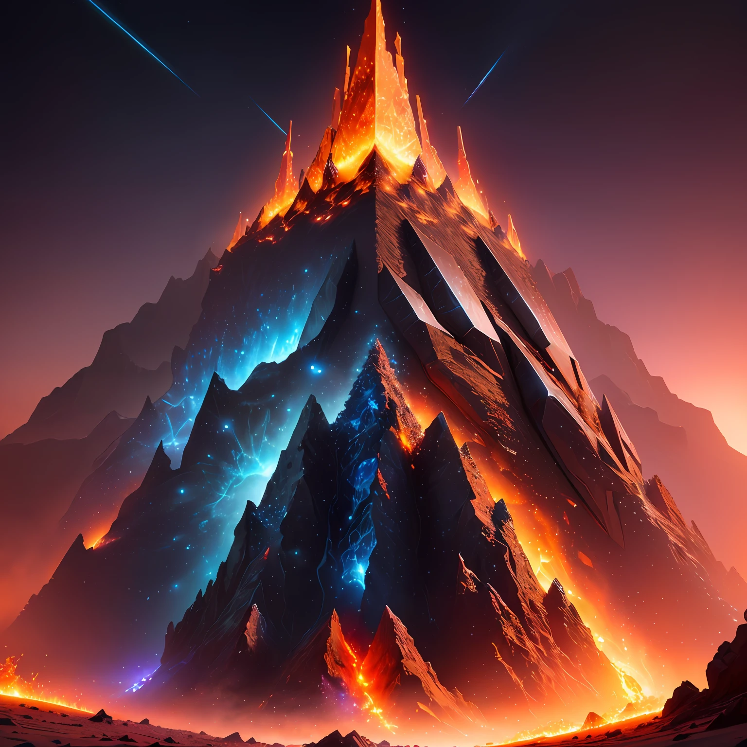 an crystalized sci-fi ant hill with some fire circling around it, with some visual effects, fantasy, hd, HDR 4k upscale