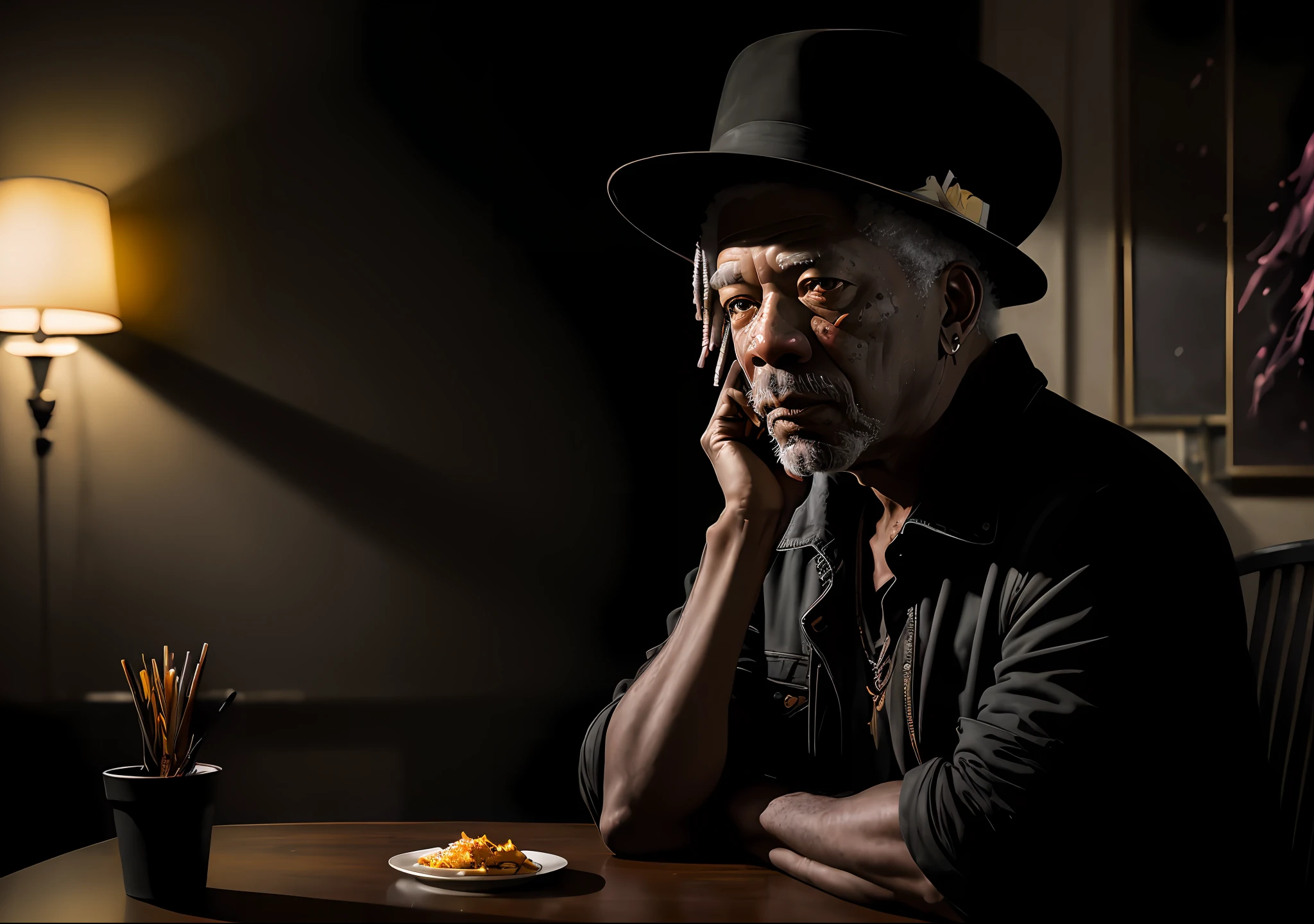 Morgan Freeman dark photo: sitting at the table with a hat, realistic epic, portrait of, eyes of Atey Ghailan, Greg Rutkowski, Greg Tocchini, James Gilleard, Joe Fenton, Kaethe Butcher, yellow gradient, black, brown and magenta color scheme, grunge aesthetic!!! Graffiti brand wall background, art by Greg Rutkowski and Artgerm, soft cinematic light, Adobe Lightroom, Photo Lab, HDR, intricate, highly detailed, (depth of field: 1.4), faded, (neutral colors: 1.2), (HDR: 1.4), (soft colors:1.2), hyperdetailed, (Artstation:1.4), cinematic, warm lights, dramatic light, (intricate details:1.1), complex background, (Rutkowski:0.66), (blue and orange:0.4)