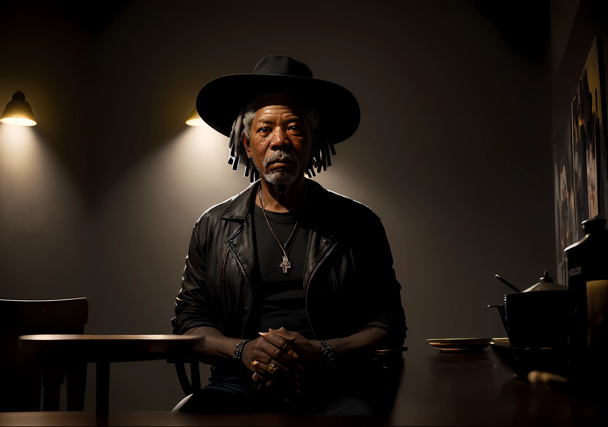Morgan Freeman dark photo: sitting at the table with a hat, realistic epic, portrait of, eyes of Atey Ghailan, Greg Rutkowski, Greg Tocchini, James Gilleard, Joe Fenton, Kaethe Butcher, yellow gradient, black, brown and magenta color scheme, grunge aesthetic!!! Graffiti brand wall background, art by Greg Rutkowski and Artgerm, soft cinematic light, Adobe Lightroom, Photo Lab, HDR, intricate, highly detailed, (depth of field: 1.4), faded, (neutral colors: 1.2), (HDR: 1.4), (soft colors:1.2), hyperdetailed, (Artstation:1.4), cinematic, warm lights, dramatic light, (intricate details:1.1), complex background, (Rutkowski:0.66), (blue and orange:0.4)