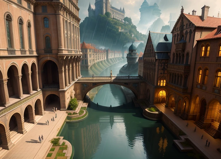 (masterpiece),Renaissance palace surrounded by gardens, bridge, stairs, rain, cloudy, art by [Bastien Lecouffe-Deharme| Caspar David Friedrich]:1.2), (unreal engine rendering, photorealistic painting, photorealism:1.2), (mysterious)