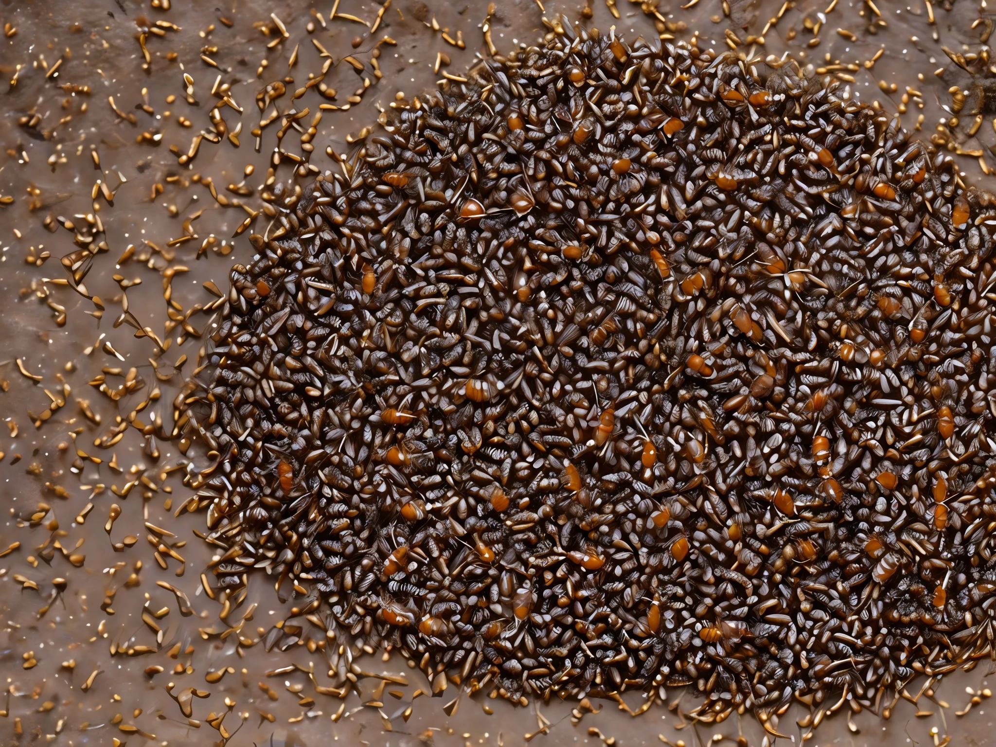 insect cemetery, cockroach remains scattering, on anthill, darkness