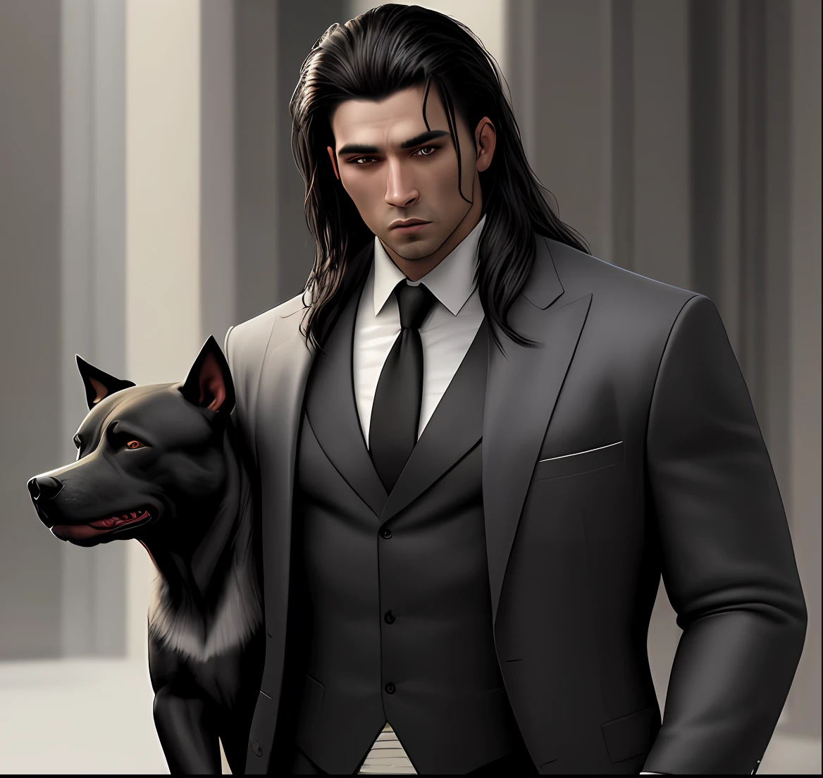 10k, ultraHD, realistic, Man pimp of crime, 28 years old, dark hair pouring black time, standing with black Pit Bull on the side