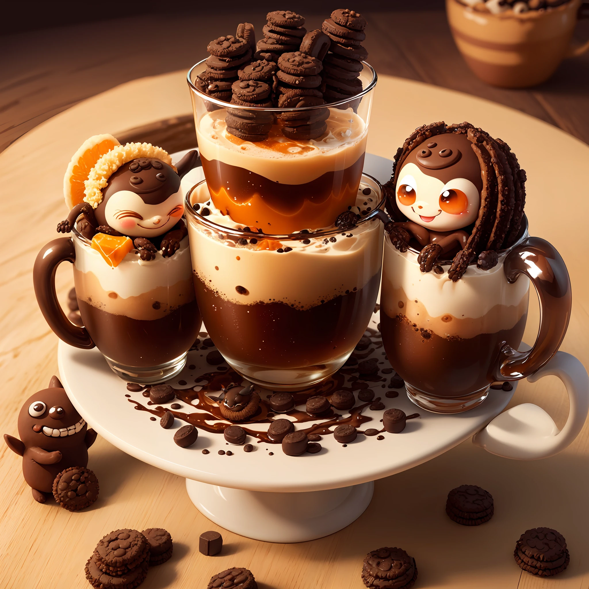 anthills made from a cup with thai tea bobba drinks, has two little hands on his glass, a smiling face with big eyes,whips cream,oreo biskuit,upscales,fantasy,variations