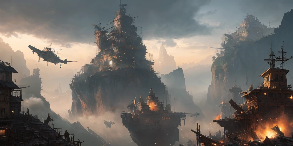 photorealistic, a photo a makeshift flying pirate skiff with jets engines through mountains and clouds, dog fighting, tracer rounds, explosions, (background upper left side is a grand floating city:1.2), cobbled together, rusted, tattered rags, ramshackle, wood haul, metal, spikes, chains, plates, harpoons, spikes, (perfect composition:1.4), 4k ultrarealistic, cinematic lightening, (glowing lights), high fantasy background, action pose, By jeremy mann, by sandra chevrier, by maciej kuciara, sharp, ((analog)), (highest quality, Alessandro Casagrande, Greg Rutkowski, Sally Mann, concept art, 4k),
