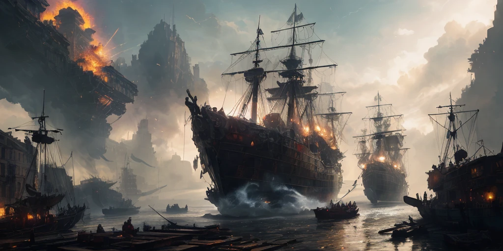 photorealistic, a photo a makeshift flying pirate skiff with jets engines through mountains and clouds, dog fighting, tracer rounds, explosions, (background upper left side is a grand floating city:1.2), cobbled together, rusted, tattered rags, ramshackle, wood haul, metal, spikes, chains, plates, harpoons, spikes, (perfect composition:1.4), 4k ultrarealistic, cinematic lightening, (glowing lights), high fantasy background, action pose, By jeremy mann, by sandra chevrier, by maciej kuciara, sharp, ((analog)), (highest quality, Alessandro Casagrande, Greg Rutkowski, Sally Mann, concept art, 4k),