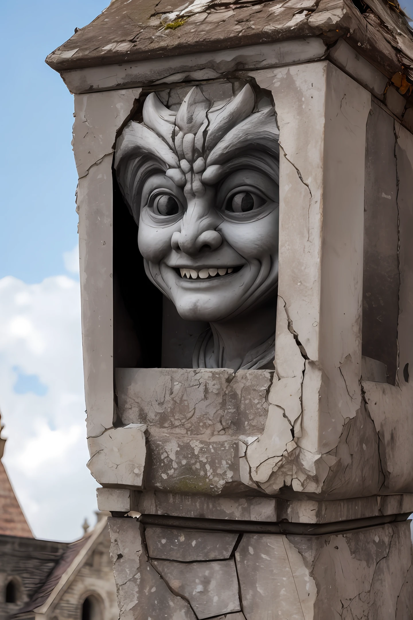 gargoyle sitting smiling inside a cracked belfry