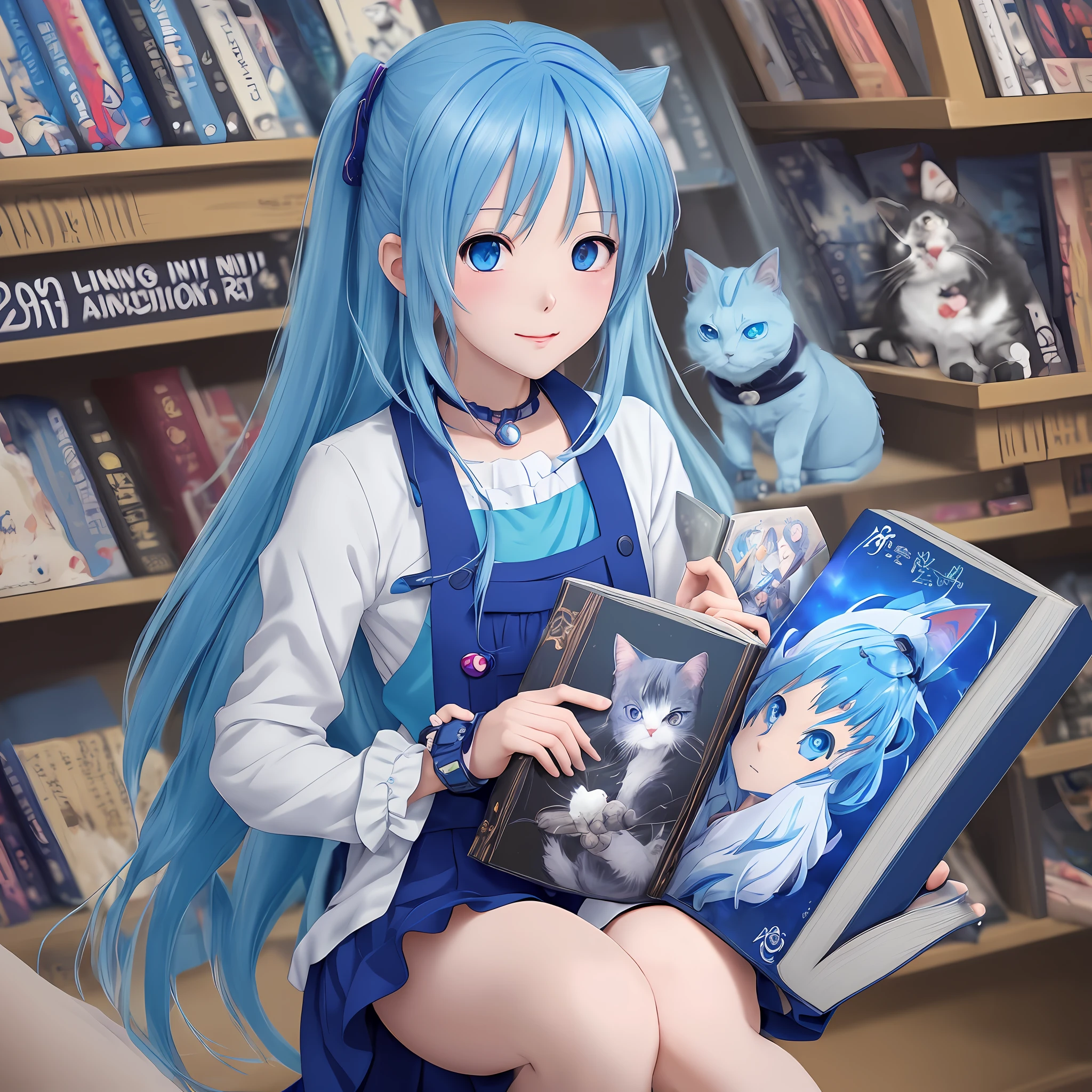 Blind Box Toy Style Blue haired anime girl holding a book and a cat picture, official artwork, high detail official artwork, digital anime illustration, official art, anime cover, detailed fan art, anime vision for cute girls, infinite celestial library, alchemist girl, marin kitagawa fan art, anime style illustration, anime visual of young woman, art book artwork, anime illustration