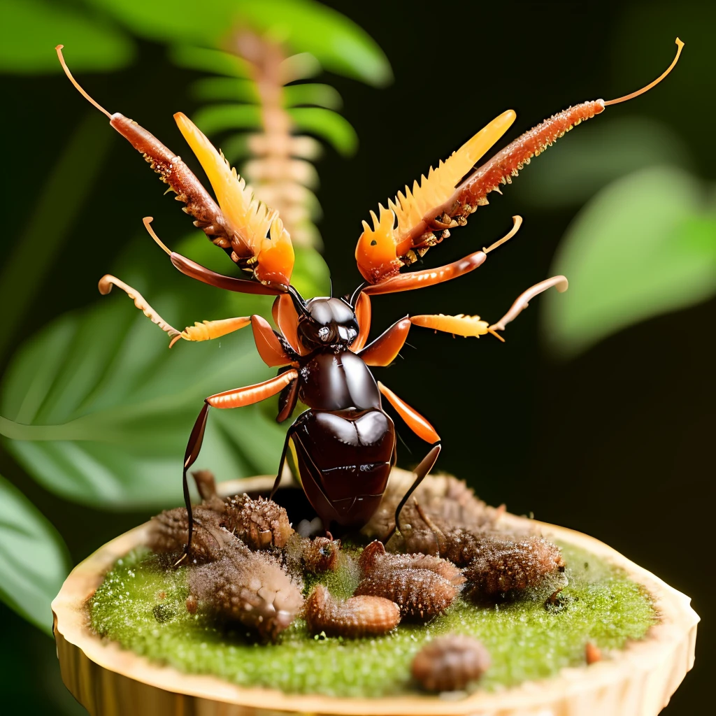 Entrance of ant colony with cordyceps on insect body, 3D, fantasy