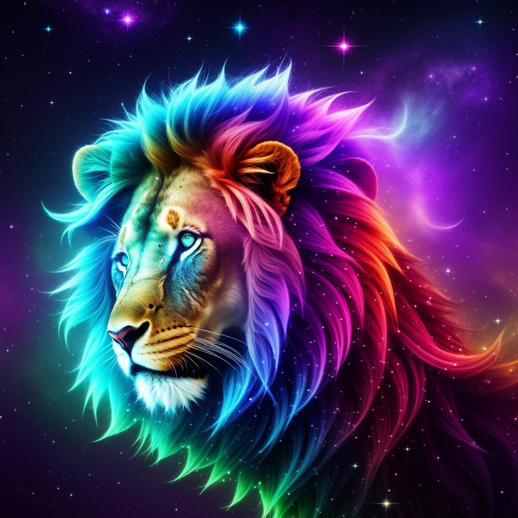 Galaxies, spirals, space, nebulae, stars, smoke, iridescent, intricate detail, in the shape of a lion, octane render, 8k