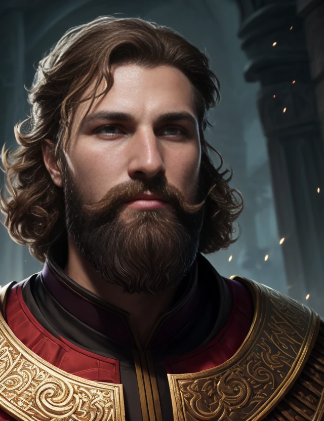 Portrait of the Great Kievan Prince Vladimir, the baptizer of Rus, a very handsome man, 40 years old, detailed symmetric eyes, detailed gorgeous face, dark red curly hair, gray eyes, a nose with a bump, an elongated chin, dressed in ancient national, by Dudchenko, 8k resolution concept art, dynamic lighting hyperdetailed intricately detailed Splash art trending on Artstation triadic colors Unreal Engine 5 volumetric lighting, oil painting, heavy strokes