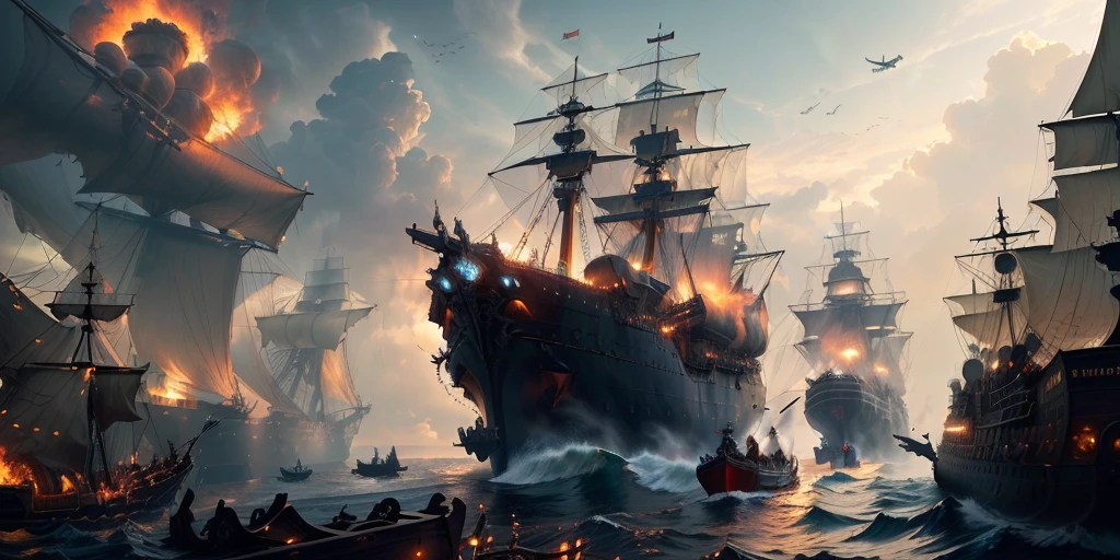 plane, there are many ships that are in the water with fire coming out of them, pirate ships fighting at night, gothic ship in the ocean, epic sea battle, flying ships in the background, Ludwik Konarzewski Jr., pirate ships, burning ships, Artstation contest winner, incredibly huge pirate ship