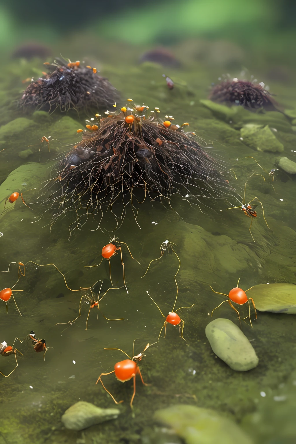 Cordyceps parasitic insects on ant hill,surrounded by ant cemetery, Fantasy, ambiance