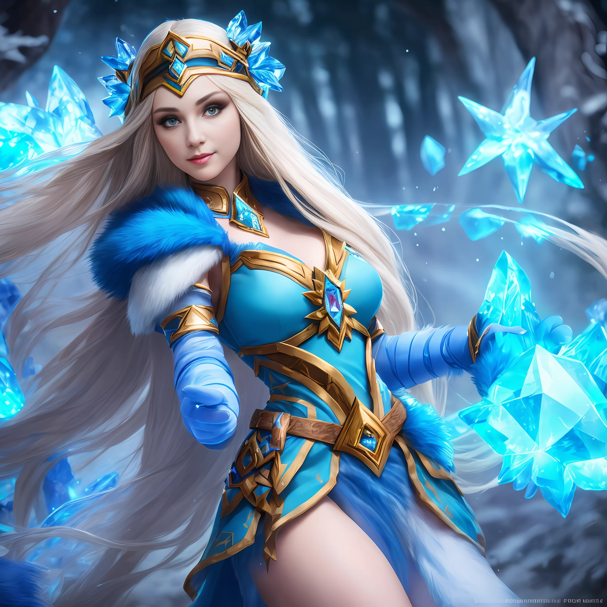 portrait of a cute model wearing like  Crystal Maiden in Dota 2 Costume, perfect body, UHD, highly detail, realistic, best composition in film