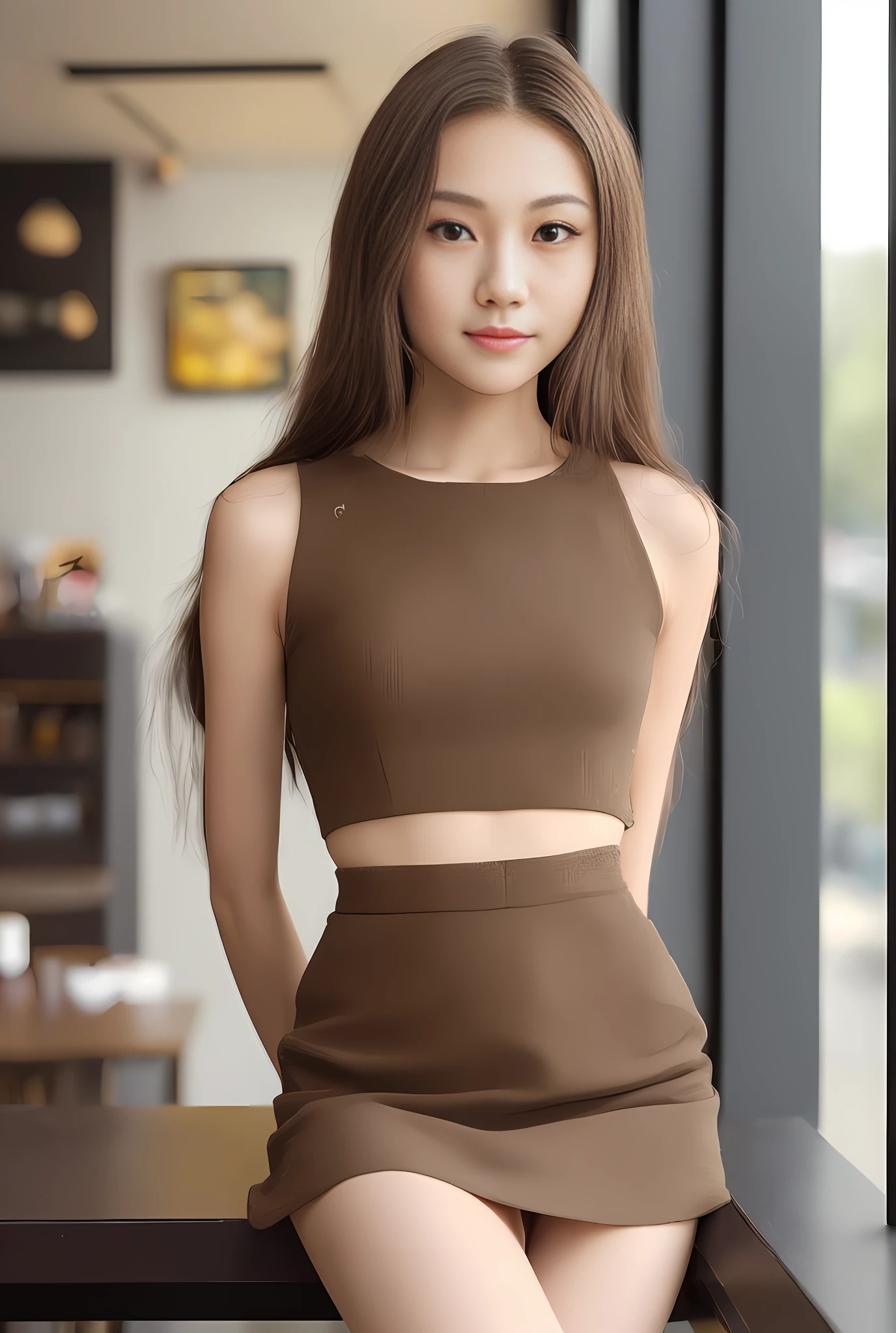 ((Best quality, 8k, Masterpiece :1.3)), Whole body, Long legs, Sharp focus :1.2, A pretty young girl with perfect figure :1.4, Slender abs :1.2, ((Dark brown long hair)), Yellow dress :1.1, (coffee shop view :1.1), Highly detailed face and skin texture, Detailed eyes, Double eyelid, Teen british-asian girl