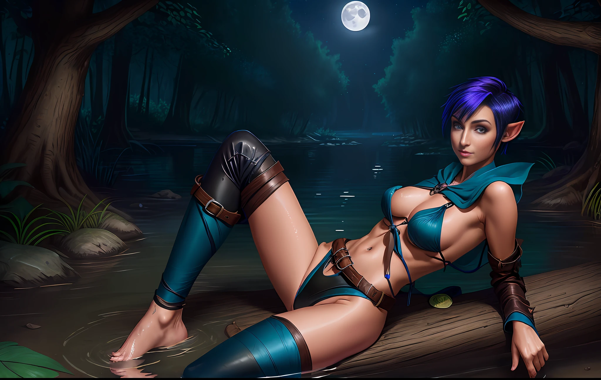 One young tomboy nightelf huntress with complete, short hair, pointy ears. barefoot, belt, lying on the side in water in forest under the moon light. hips exposed. navel neckline. leather waders, black, deepblue, small chest, loincloth