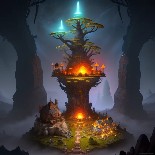 an dwarves military base with some colorful mushrooms around, with some magical visual effects, fantasy, hd, HDR 4k upscale