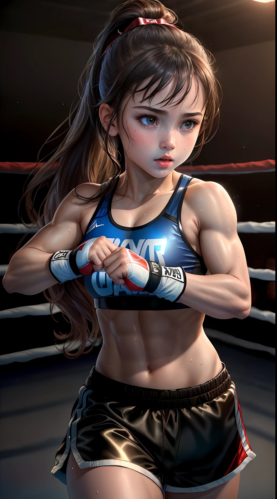 (Very detailed wallpaper) , (best quality) ,(medium view of a character) (masterpiece) , photographic reality, realistic, (((1 three-year-old girl))) , beautiful eyes, (delicate face) , perfect details, (best lighting) , (super complex details) , (boxing girls) , (sexy), sweat, heavy breathing, (oppressive attack) , (boxing ring) , sports shorts, perfect details, perfect fingers, perfect limbs, impact, (shiny skin) , abs, muscles, waistline, Boxing shorts, fist fighting, brunette hair, high ponytail, very long hair, ((martial arts moves)), bleeding corners of the mouth, 8K unity, (super detailed CG: 1.2), (8K: 1.2), realistic, octane rendering