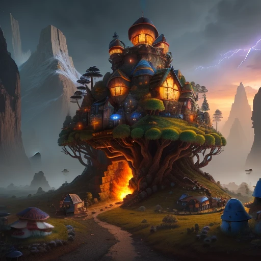 an dwarves military base with some colorful mushrooms around, with some magical visual effects, fantasy, hd, HDR 4k upscale