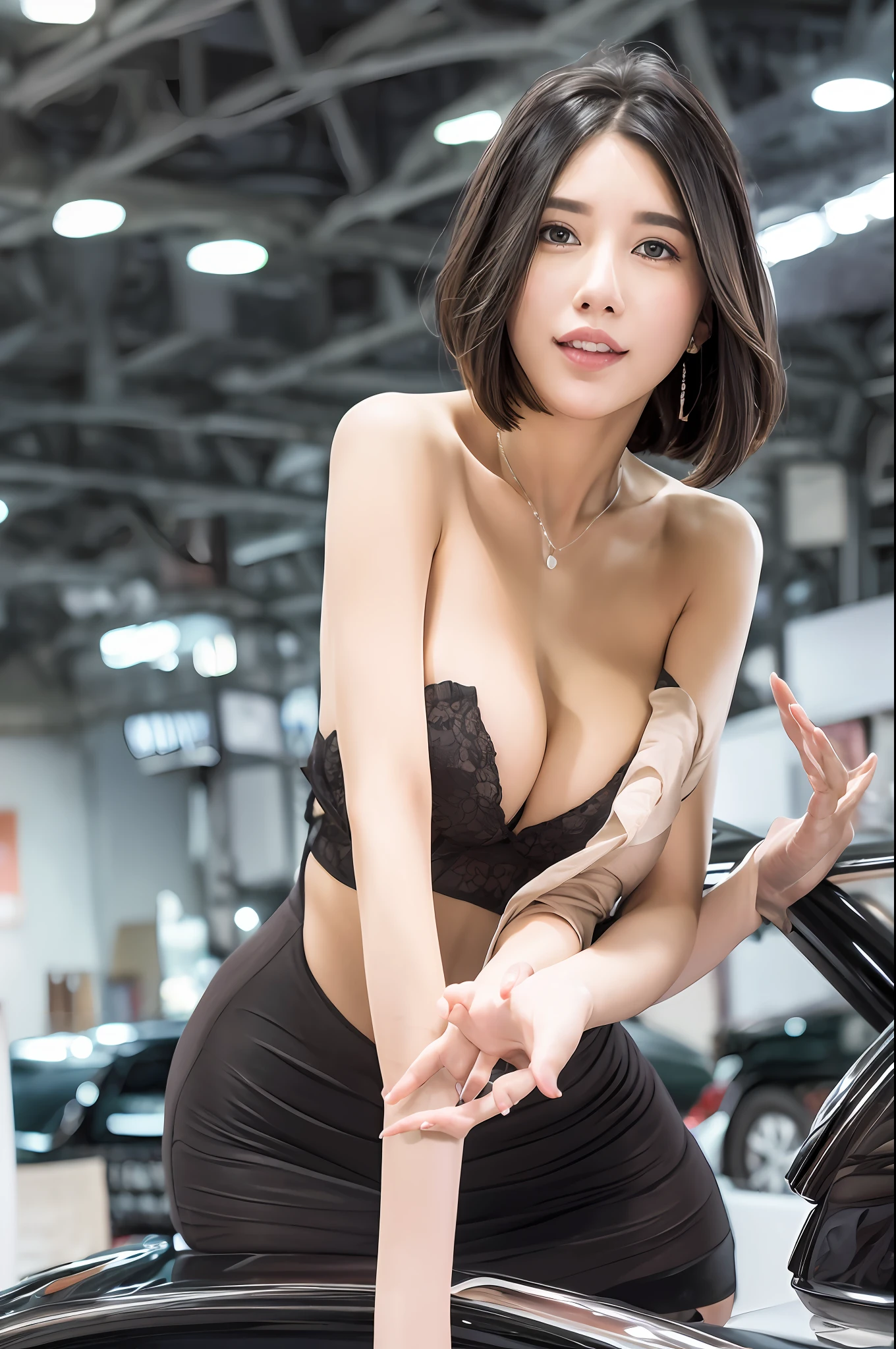 (8k, RAW photo, best quality, masterpiece: 1.2), (realistic, photorealistic: 1.37), super detailed, one girl, cute, in front of the car, alone, beautiful detailed sky, (nose blush), (smile: 1.1), (closed mouth) medium chest, beautiful detailed eyes, jewelry, earrings, dress, looking at viewer, cosplay, brown eyes, (short hair: 1.2), floating hair