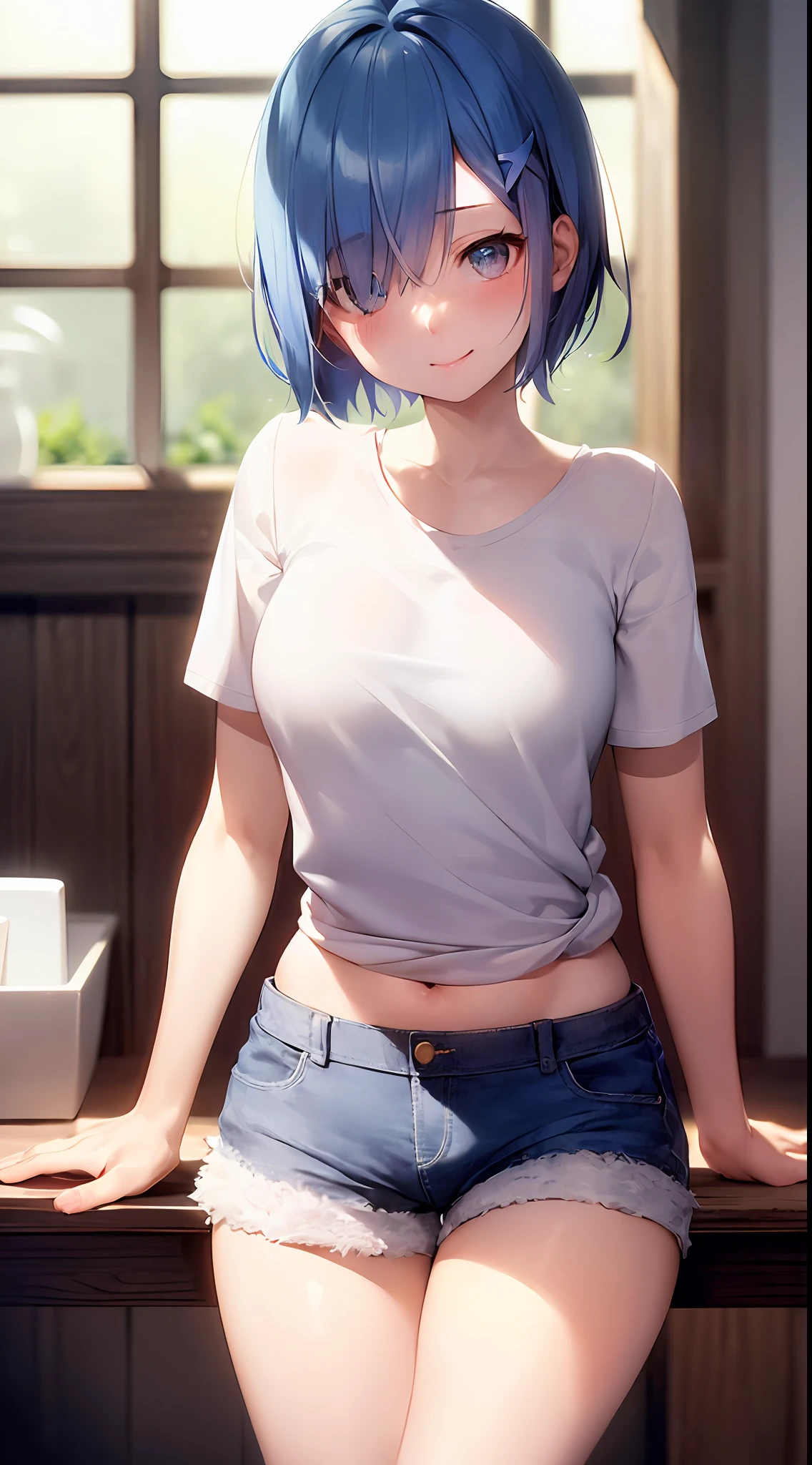 Blue hair, short hair, rapid eye movement \(re:zero\), [smile], blush, castle, masterpiece, best quality, perfect lighting, 1 girl, white top, skinny denim shorts, medium breasts, thin legs, demure, hands folded, (((lens straight)))) bathroom, unbuttoning, undressing