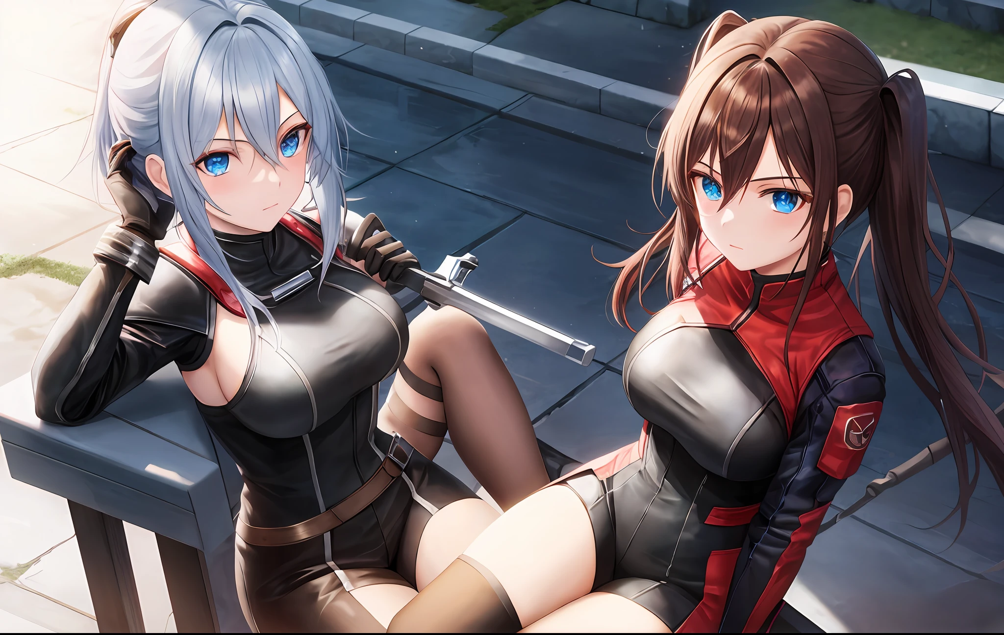 jett, sitting on the chair, full body, blush, looking away, 1girl, solo, blue eyes, gloves, weapon, dynamic angle, detailed outdoor lighting, masterpiece