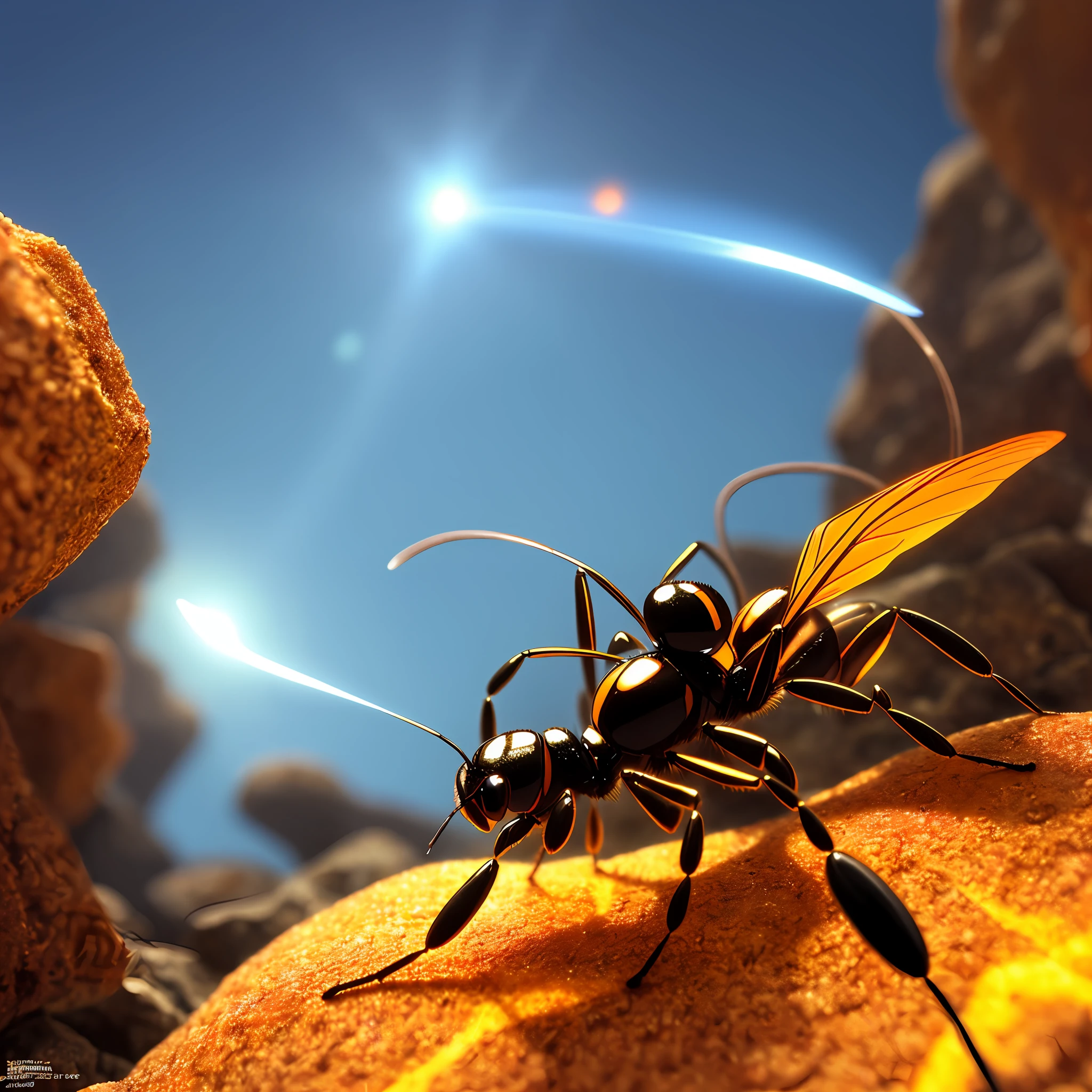 Fantasy summer themed ant called the Solisant. Solisants are slightly larger and bulkier than other ant species, with a broad, shield-like head and a muscular body. The color of their exoskeleton is a bright, fiery orange, with black stripes along their legs and thorax. Their wings, which they shed after mating, are a translucent yellow, with delicate veins running through them like sunbeams. Solisants have a distinctive, curved stinger at the end of their abdomen. 4k, visual effects, HD, fantasy, colors