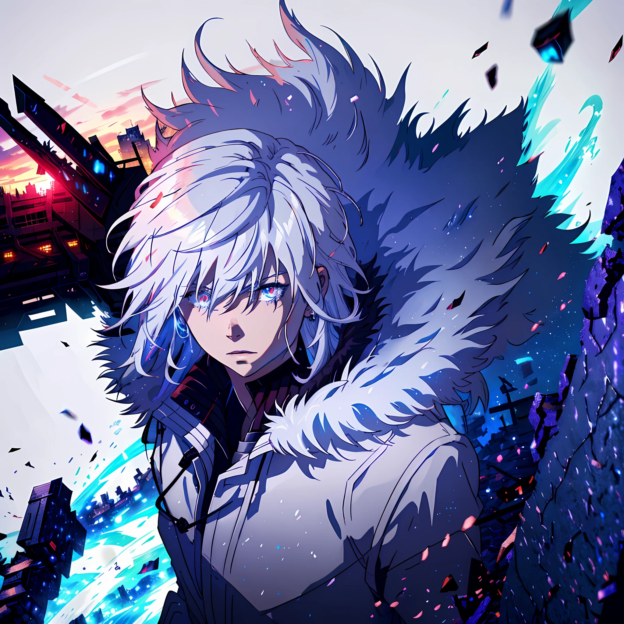 Anime humanoid monster, character design,wearing a fur coat,dark, serious face,boy,messy unkept hair,hair covering right eye, vibrant eye color,red and blue eyes,(white hair), close up shot, creating a crack in reality, powerful aura, destroyed city, very dark,night,8k,64k, HD, unparalleled masterpiece, dynamic lighting, cinematic, epic Highest quality digital art, Stunning art, wallpaper 4k, ultra hyper detailed, highest resolution