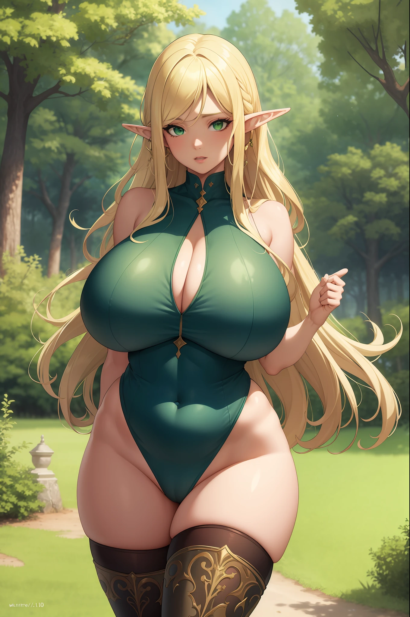 Ultra Quality, Masterpiece,Ethereal,Ultra-Detailed,8K,(Gigantic Breasts: 1.6),(Disproportional Tits: 1.5),Absurdres,Realism,Realisitc,\(Detailed Beautiful Mature Face\),\(Hyper-Detailed Green Eyes\),Long Blonde Hair,(Solo:1.4), 1Girl, (Standing:1.2), Elf:, Pointy Ears,Deep Cleavage,(Curvy: 1.4),Milf,Bimbo,Wide hips,Big Ass,dressed like an elf ranger in ill fitting clothing,(thigh high white boots),Nature, Forest,venusbody,[[[intricate-perfect-fingers-on-hands]]]