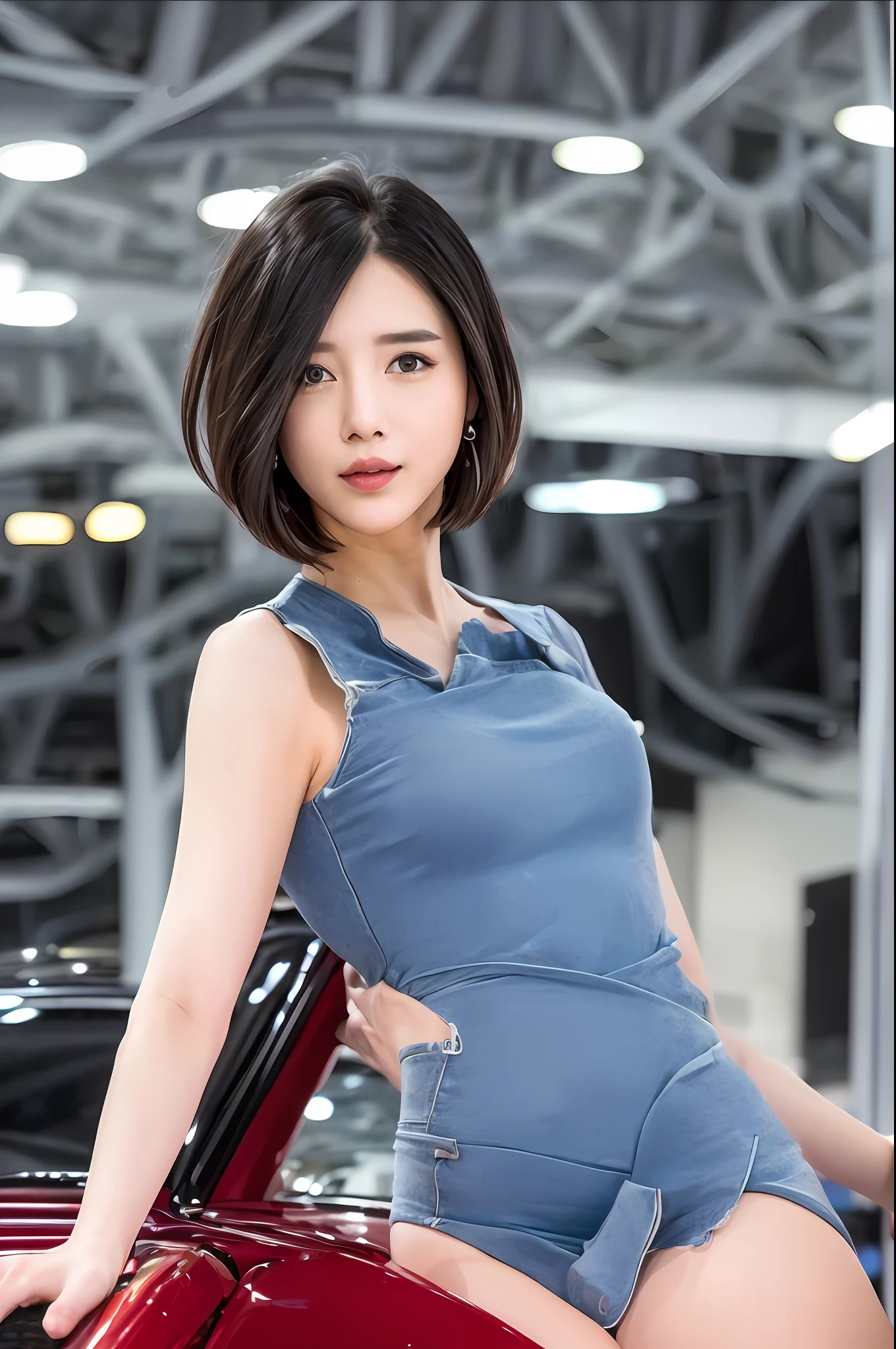 (8k, RAW photo, best quality, masterpiece: 1.2), (realistic, photorealistic: 1.37), super detailed, one girl, cute, in front of the car, alone, beautiful detailed sky, (nose blush), (smile: 1.1), (closed mouth) medium chest, beautiful detailed eyes, jewelry, earrings, dress, looking at viewer, cosplay, brown eyes, (short hair: 1.2), floating hair