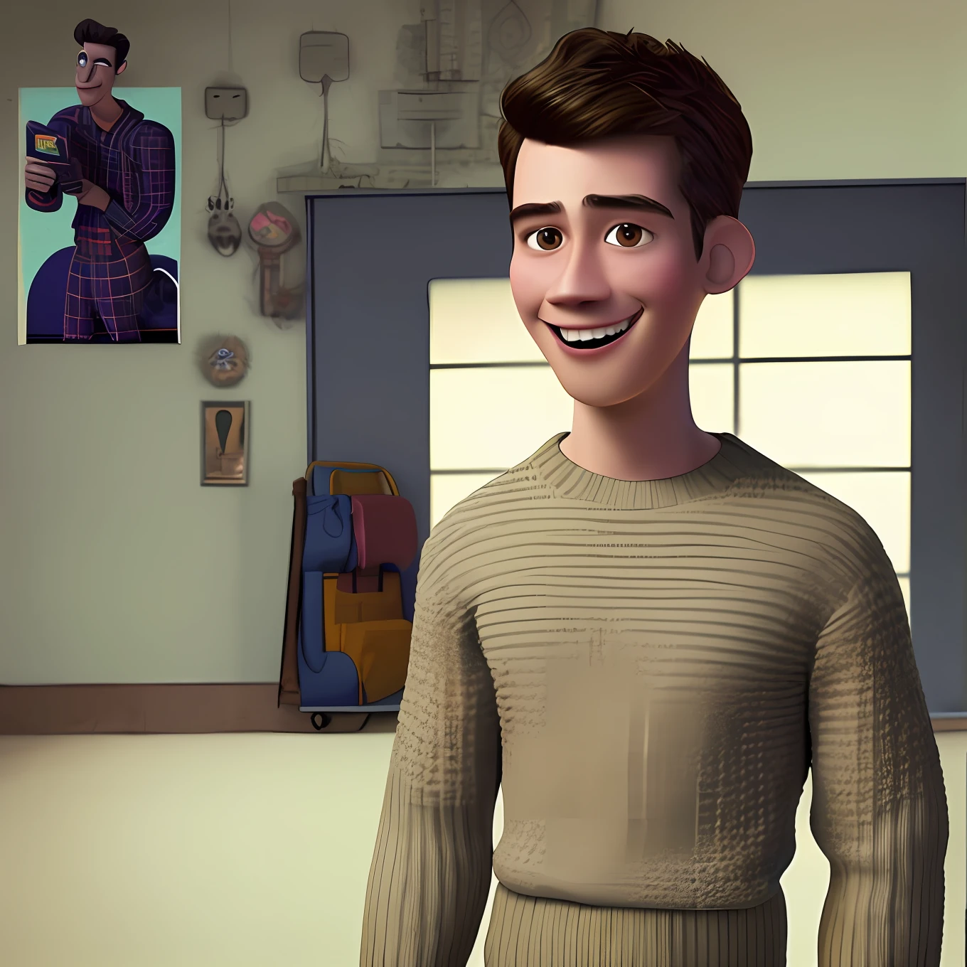 Pixarstyle a waist-high portrait of a young man in wearing smile sweater, in the room, natural skin texture, 4k textures, HDR, intricate, highly detailed, sharp focus, cinematic look, hyper-detailed