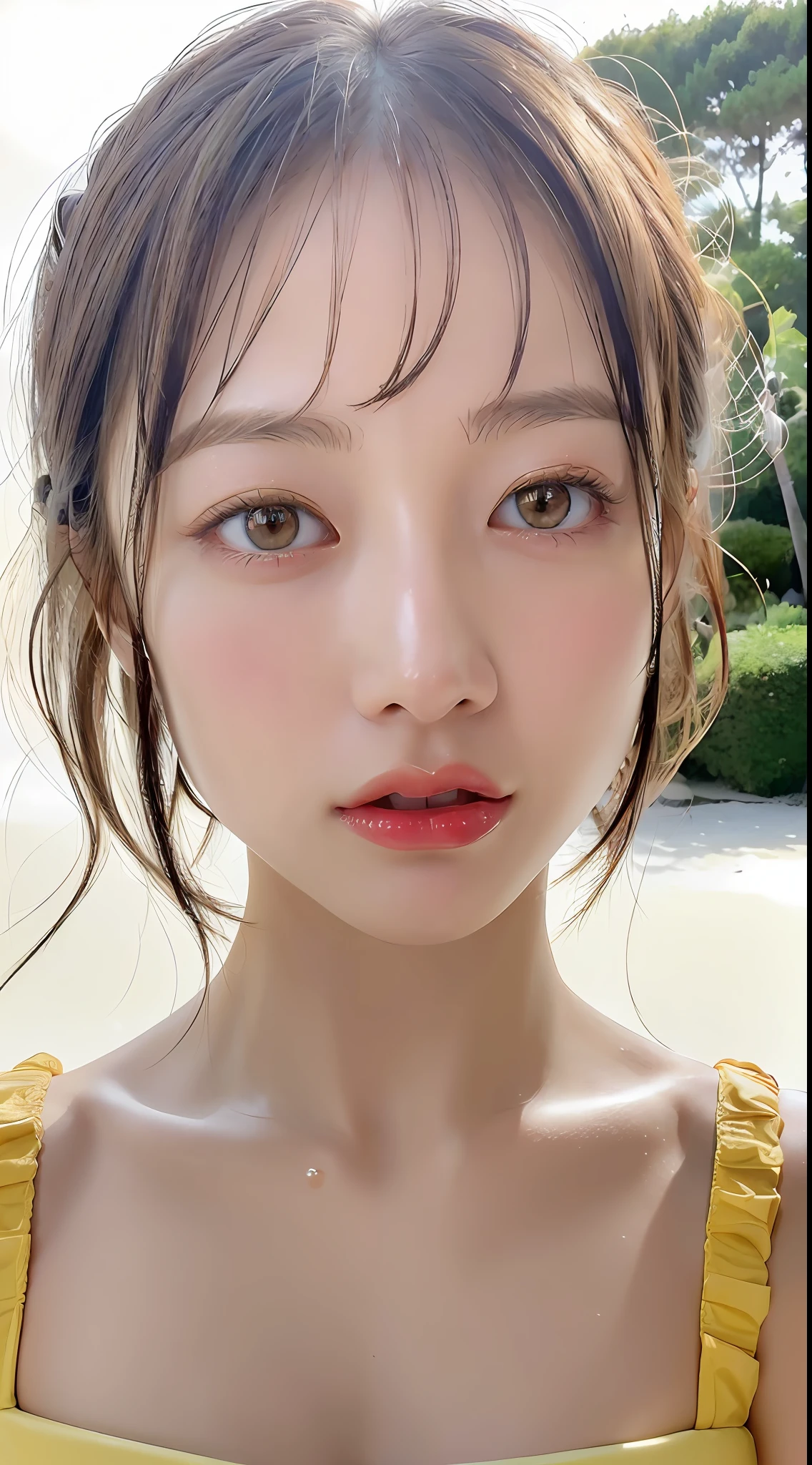 (Best Quality, 8k, 32k, Masterpiece, UHD:1.2), Cute Japan Woman Pictures, 1 Girl, (Big), (Tall Women), (Abs), (Lips), (Medium Short Golden Hair), Double Eyelids, Wet Skin, T-Back, Realistic Rays, Beach