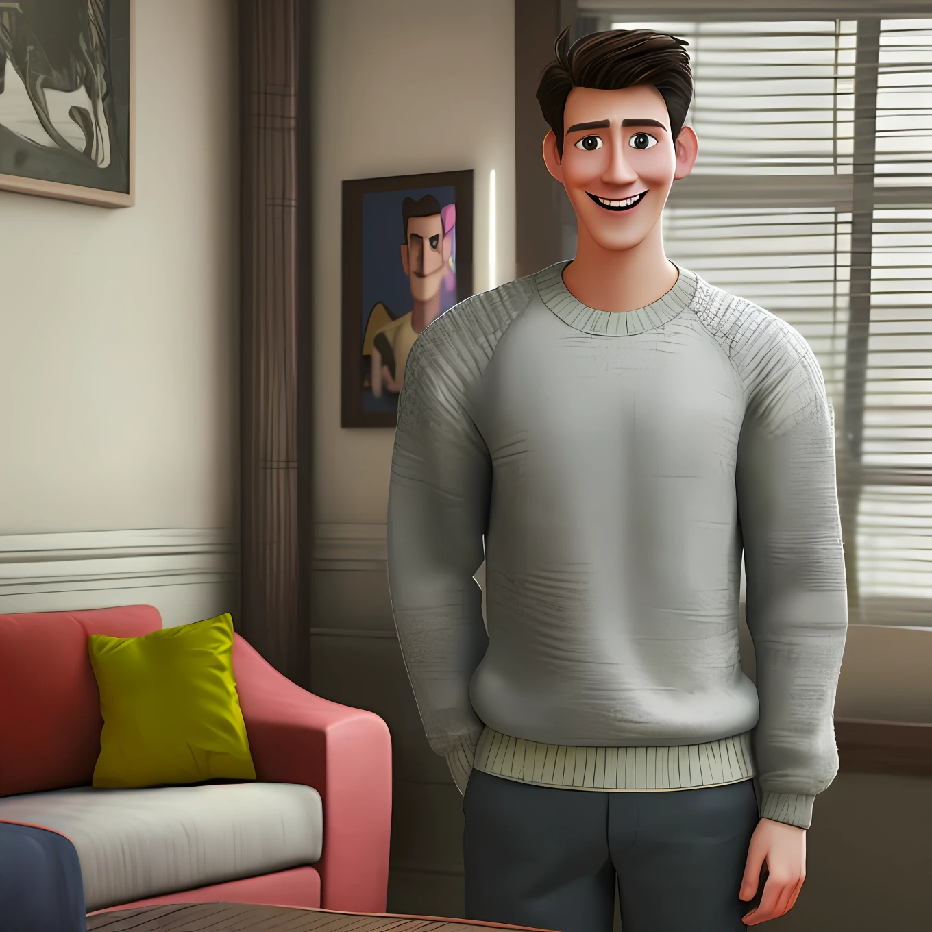 Pixarstyle a waist-high portrait of a young man in wearing smile sweater, in the room, natural skin texture, 4k textures, HDR, intricate, highly detailed, sharp focus, cinematic look, hyper-detailed