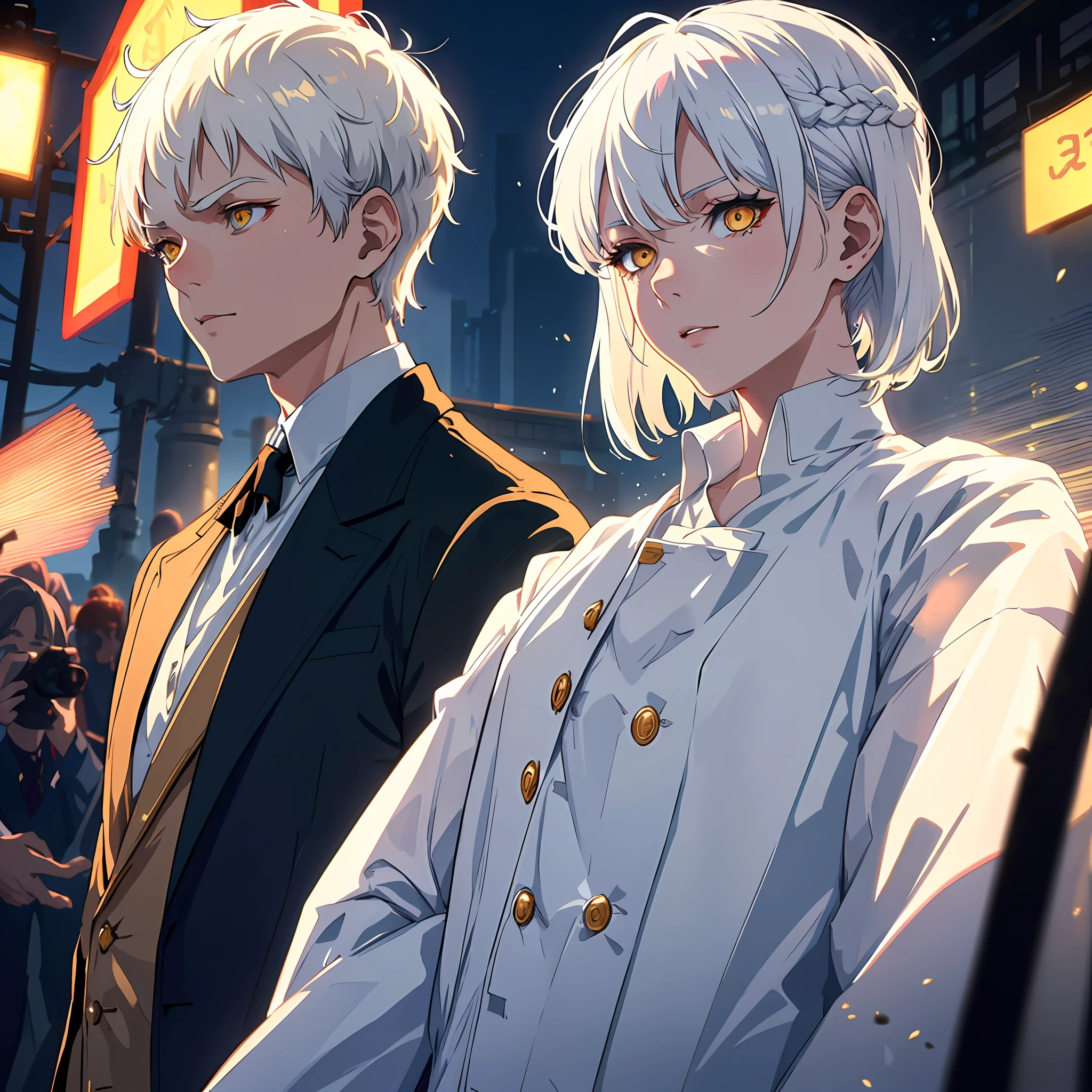 1boy white hair + short hair, 1girl with ponytail, golden eyes, angular facial features, fair skin, cold gaze, perfect physique, white shirt, black suit. ((highest quality + illustration + masterpiece: 1.3 + super detailed: 1.2)), super detailed face + eyes), cinematic lighting, upper body, looking at the audience (casual expression), random scene, random weather, (color), (slow motion: 1.2), (soft light and shadow: 1.3)