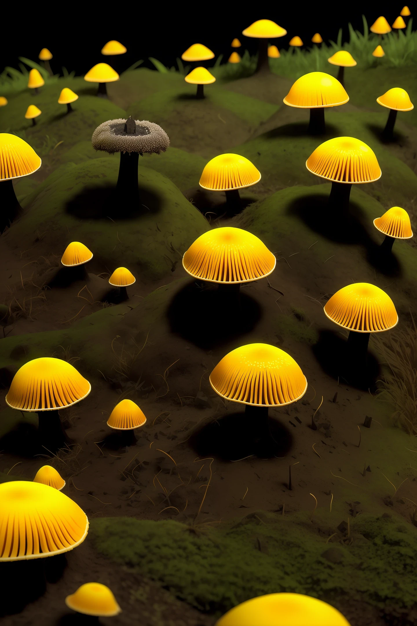 a  fungus cordyceps cemetery on death hill, darkness surrounding, smoke and dim light, fantasy 3D, upclose