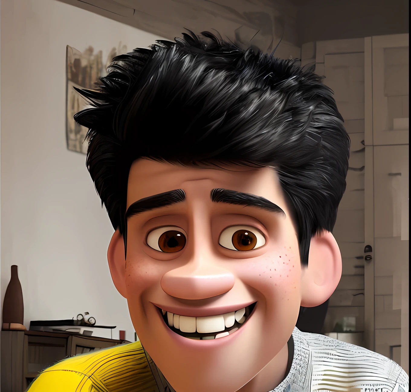 Pixarstyle A waist-high portrait of a young man with black hair wearing a smile sweater, in the room, natural skin texture, 4K textures, HDR, intricate, highly detailed, sharp focus, cinematic visual, hyper-detailed
