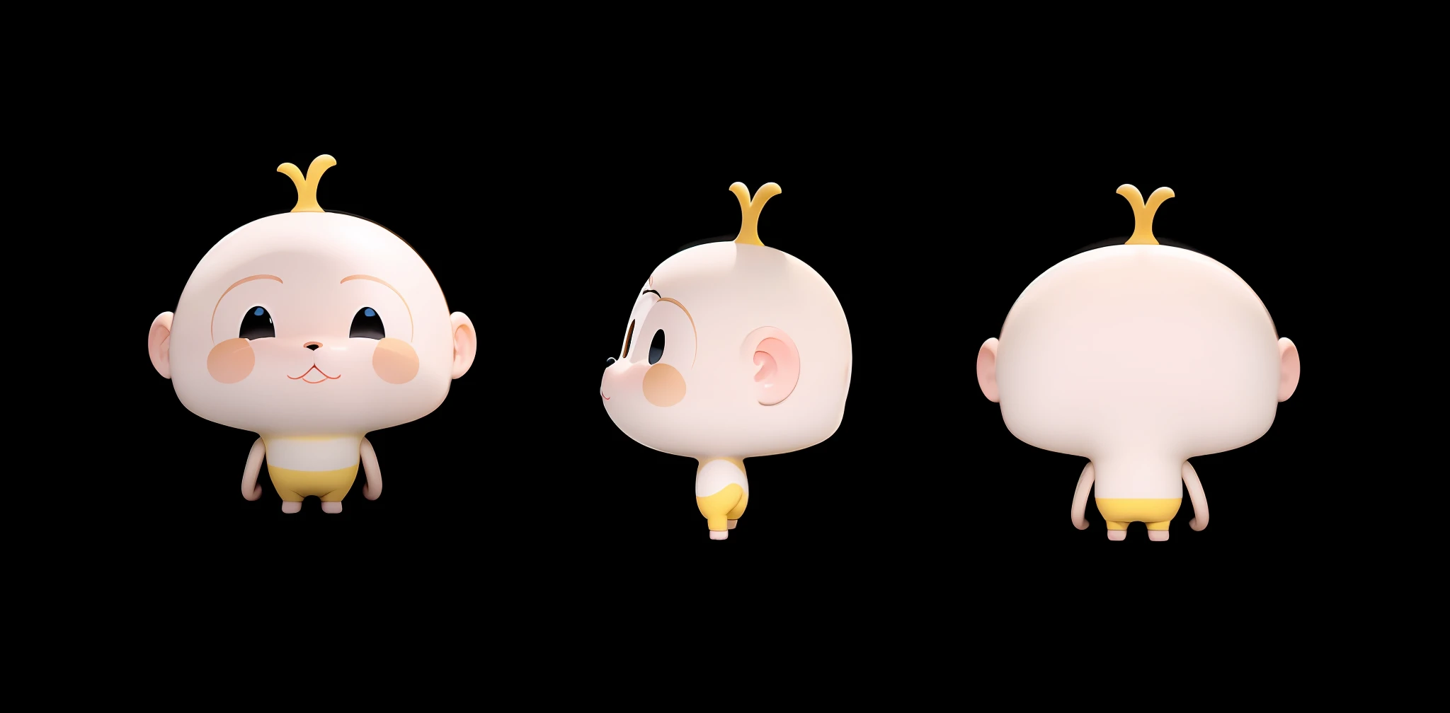 Masterpiece, best quality, smooth lines, rounded body, super detailed, monkey, front, side, back, big eyes, yellow clothes