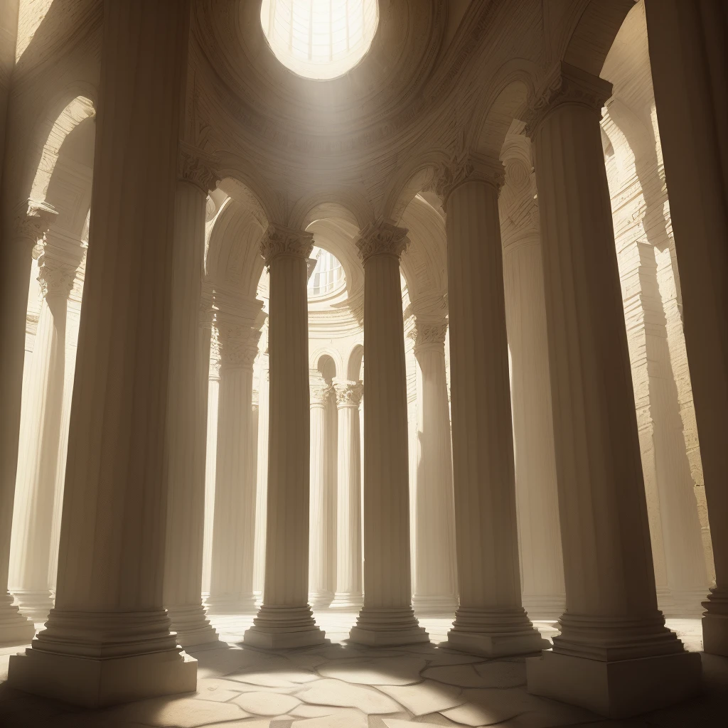 Painted according to theater sciences ((theatrical perspective geometric)) ((cracks)), very old, very old dust, Roman columns background, muted and faded colors, to emphasize the seriousness of the scene, sunlight, cinematic lighting (ambiguity), HDR,