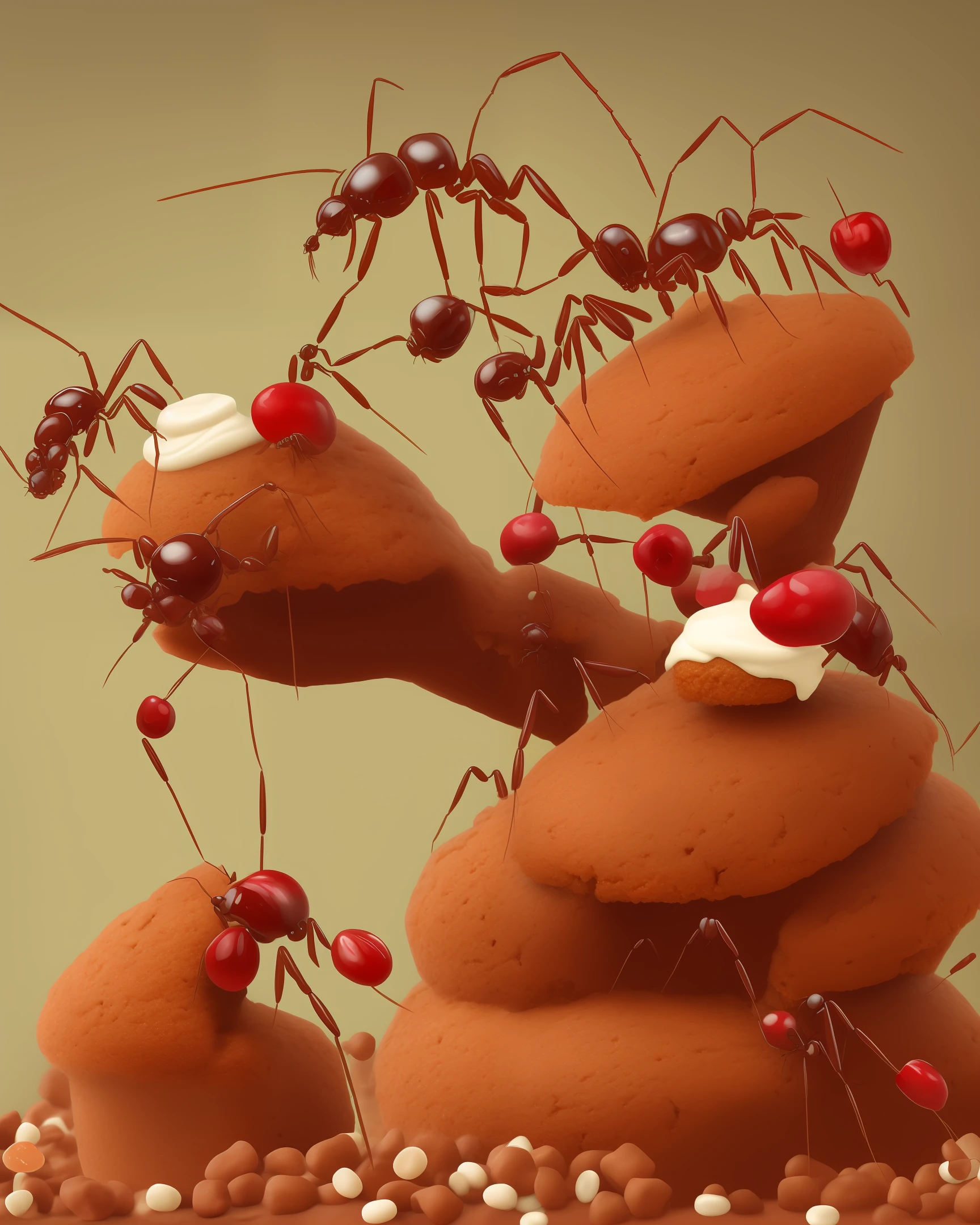 giant queen of ants sit on her anthill made from muffin cake,whips cream,cherry,candies,upscales-variation,fantasy,digital art