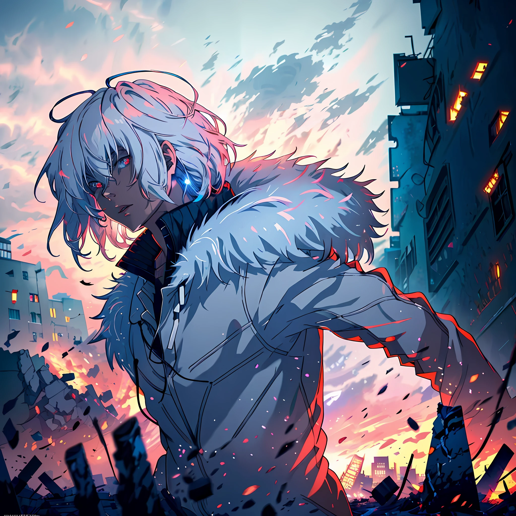 Anime humanoid monster, character design,wearing a fur coat,dark, serious face,boy,messy unkept hair,hair covering right eye, vibrant eye color,red and blue eyes,(white hair), close up shot, creating a crack in reality, powerful aura, destroyed city, very dark,night,8k,64k, HD, unparalleled masterpiece, dynamic lighting, cinematic, epic Highest quality digital art, Stunning art, wallpaper 4k, ultra hyper detailed, highest resolution
