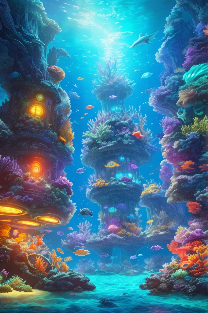 Underwater metapolics at starry midnight,starry moon rays,neon light atlantic world,sea buds,reef, over watch style, futuristic stream train under water(more detail),5D, extremely details, photo realistic, 5k resolution