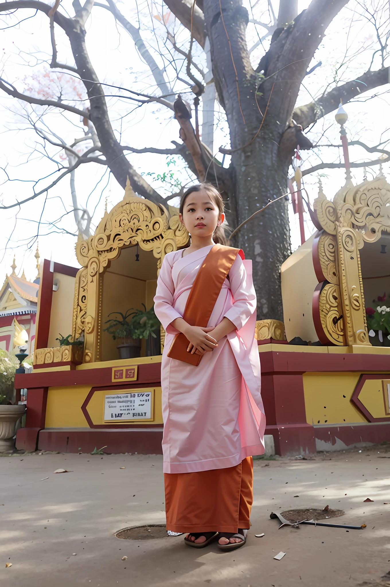 there is a young girl standing in front of a tree, kuntilanak on bayan tree, in front of the temple, nivanh chanthara, in front of a temple, buddhist monk, myanmar, buddhist, monk clothes, in a temple, wearing traditional garb, standing in a buddhist temple, portrait image, sukhothai costume, no hair on head, 7 year old girl