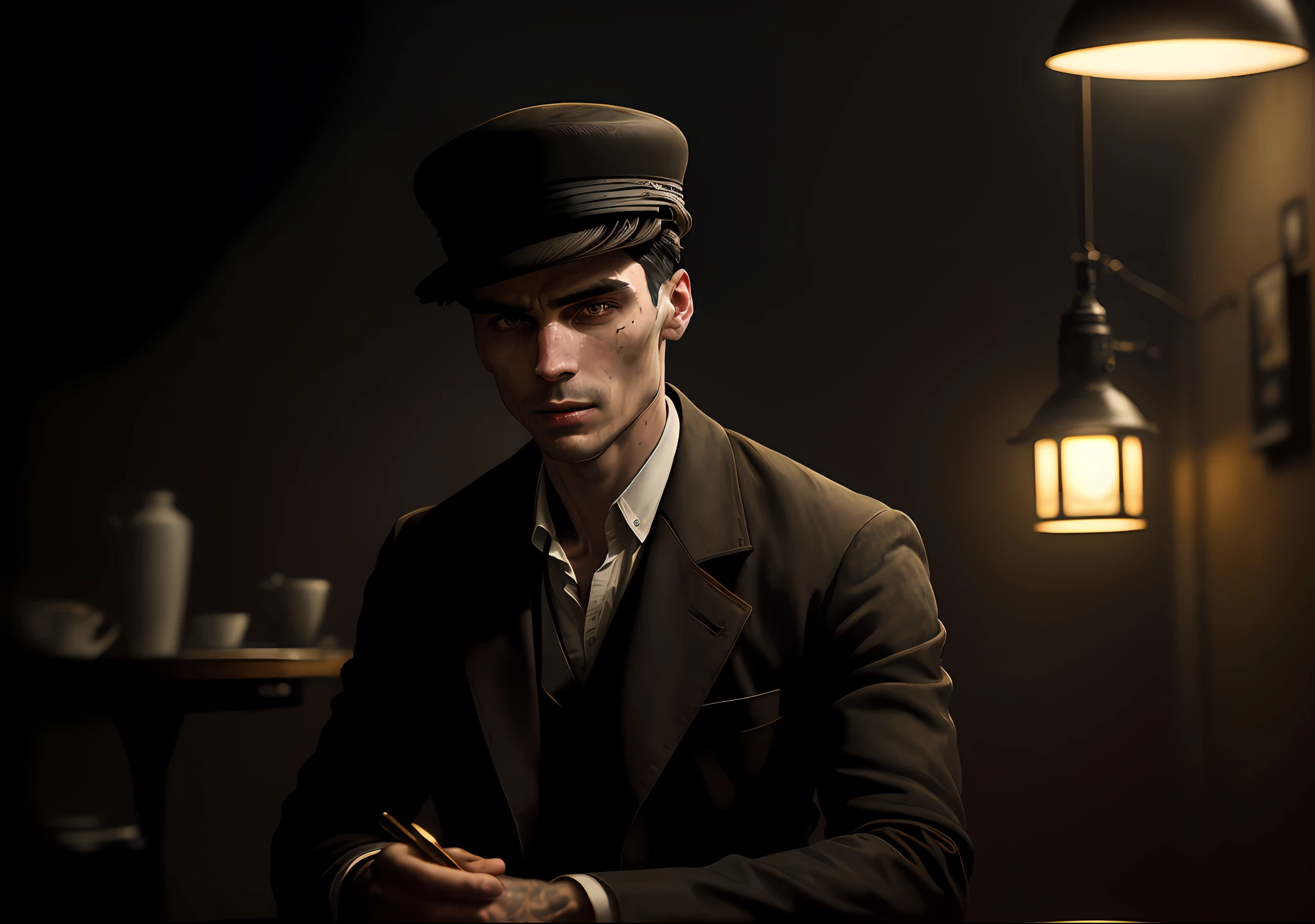 Thomas shelby dark photo: sitting at the table with a hat, realistic epic, portrait of, eyes of Atey Ghailan, Greg Rutkowski, Greg Tocchini, James Gilleard, Joe Fenton, Kaethe Butcher, yellow gradient, black, brown and magenta color scheme, grunge aesthetic!!! Graffiti brand wall background, art by Greg Rutkowski and Artgerm, soft cinematic light, Adobe Lightroom, Photo Lab, HDR, intricate, highly detailed, (depth of field: 1.4), faded, (neutral colors: 1.2), (HDR: 1.4), (soft colors:1.2), hyperdetailed, (Artstation:1.4), cinematic, warm lights, dramatic light, (intricate details:1.1), complex background, (Rutkowski:0.66), (blue and orange:0.4)
