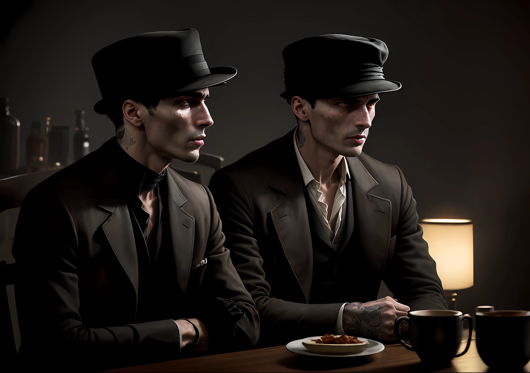 Thomas shelby dark photo: sitting at the table with a hat, realistic epic, portrait of, eyes of Atey Ghailan, Greg Rutkowski, Greg Tocchini, James Gilleard, Joe Fenton, Kaethe Butcher, yellow gradient, black, brown and magenta color scheme, grunge aesthetic!!! Graffiti brand wall background, art by Greg Rutkowski and Artgerm, soft cinematic light, Adobe Lightroom, Photo Lab, HDR, intricate, highly detailed, (depth of field: 1.4), faded, (neutral colors: 1.2), (HDR: 1.4), (soft colors:1.2), hyperdetailed, (Artstation:1.4), cinematic, warm lights, dramatic light, (intricate details:1.1), complex background, (Rutkowski:0.66), (blue and orange:0.4)