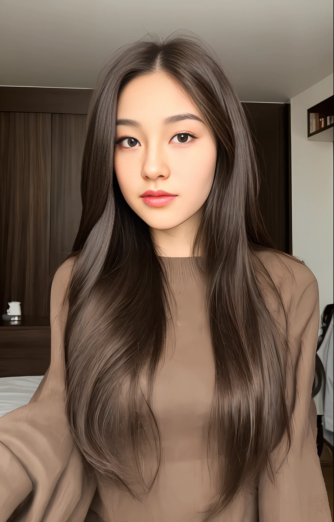 ((Best quality, 8k, Masterpiece :1.3)), Whole body, Long legs, Sharp focus :1.2, A pretty young girl with perfect figure :1.4, Slender abs :1.2, ((Dark brown long hair)), brown grid winter clothings:1.1, (luxury room view :1.1), Highly detailed face and skin texture, Detailed eyes, Double eyelid, Teen british-asian girl