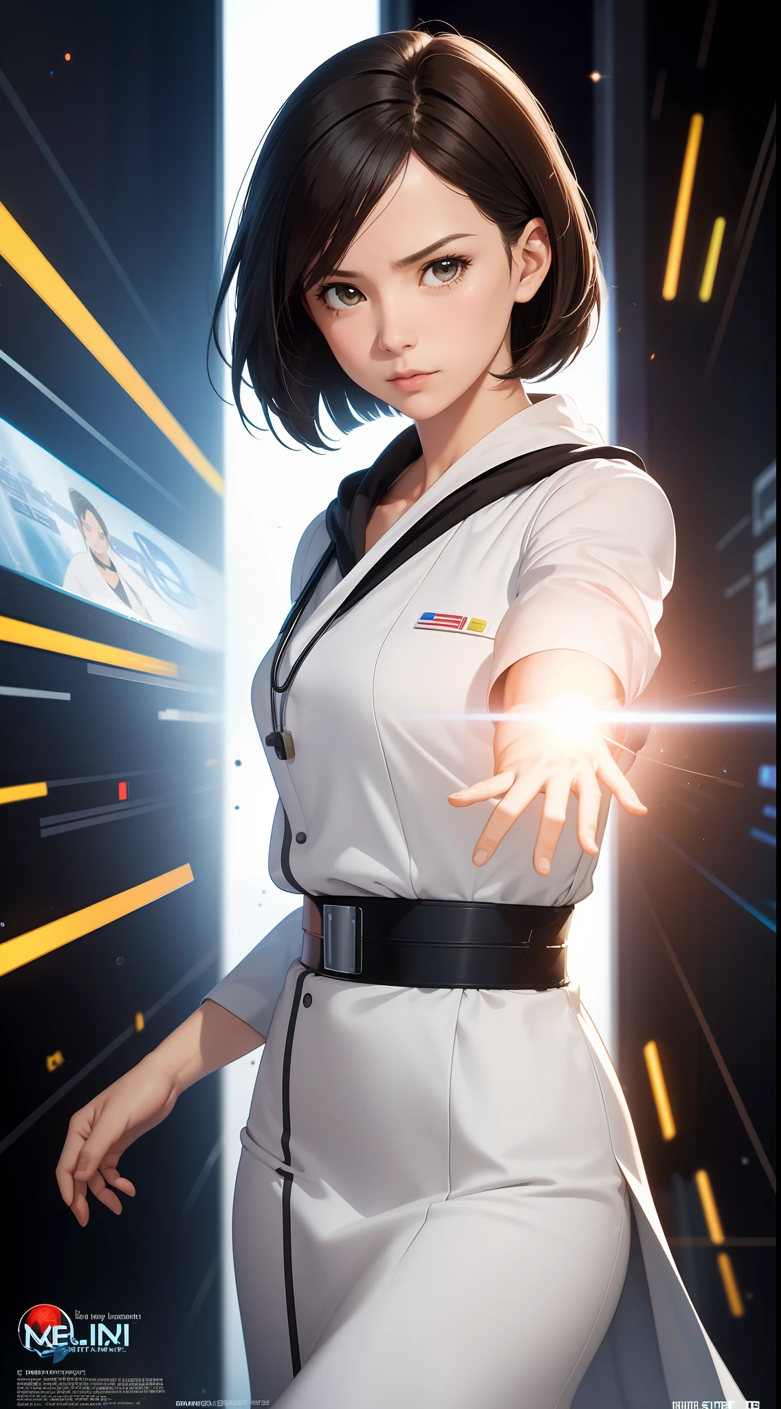 Science Fiction,Sci-Fi,Sci-Fi Movies,Movie Posters,Foundation Movie References,Stories about Rebels,Anti-Government Groups,Politics,War,Women 25,Adults,Dark Brown Eyes,Short Black Bob Hair,White Doctor Gown,Clear Cloak,No Uniform or Symbol,Dressed Closely,Dress Modestly,Serious Face,Realistic Face Resolution,Realistic,Object Resolution