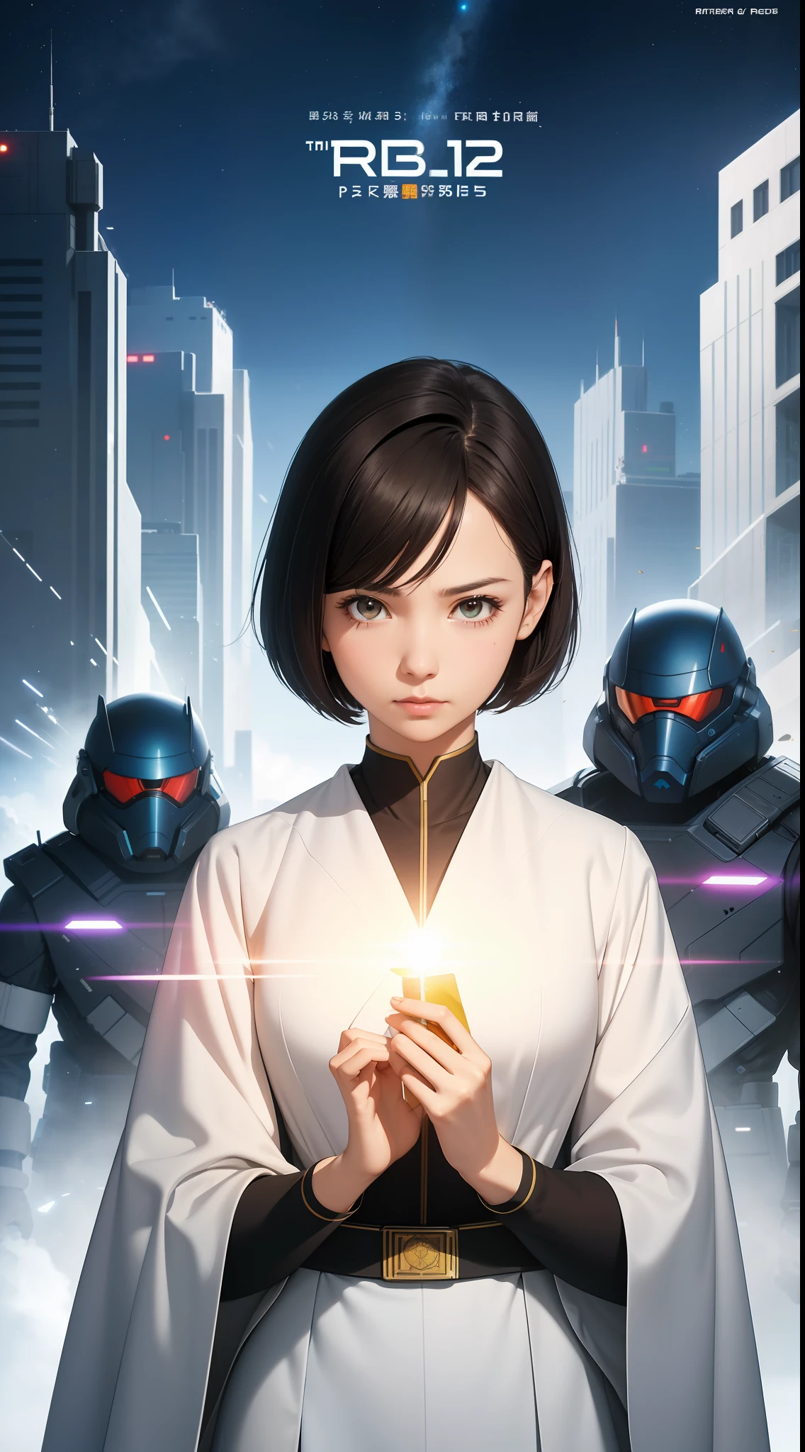 Science Fiction,Sci-Fi,Sci-Fi Movies,Movie Posters,Foundation Movie References,Stories about Rebels,Anti-Government Groups,Politics,War,Women 25,Adults,Dark Brown Eyes,Short Black Bob Hair,White Doctor Gown,Clear Cloak,No Uniform or Symbol,Dressed Closely,Dress Modestly,Serious Face,Realistic Face Resolution,Realistic,Object Resolution