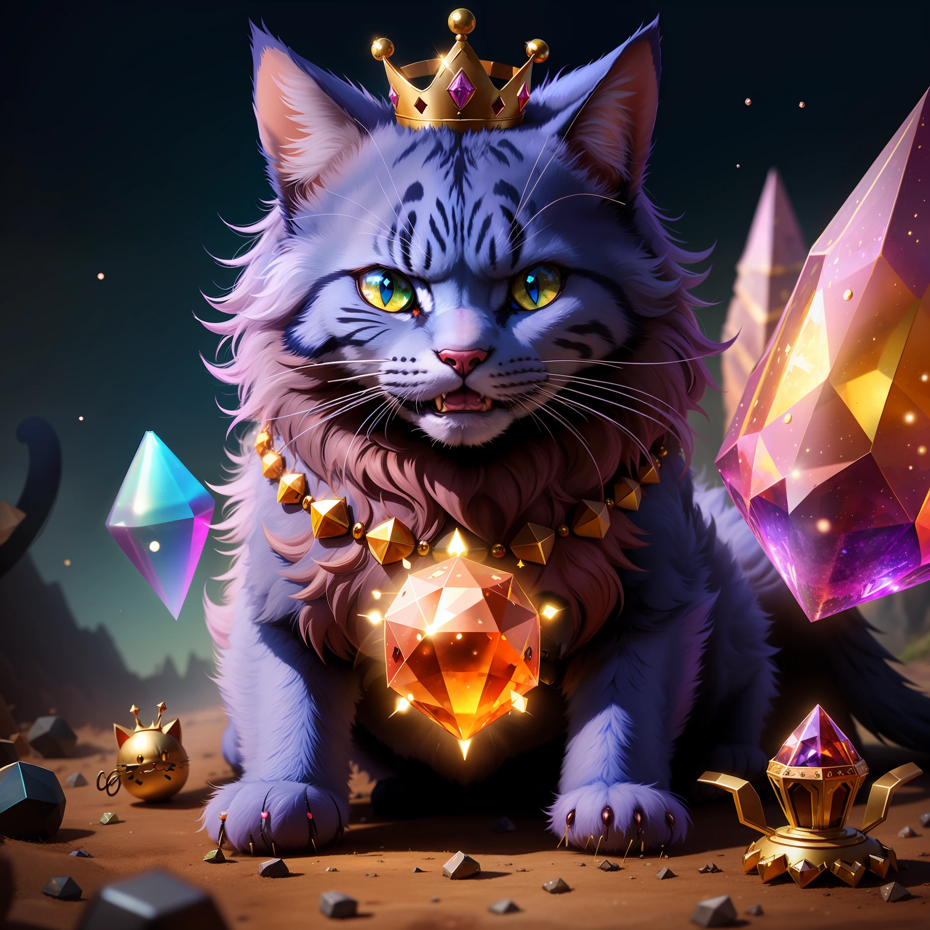 a angry cat, with a crown decorated with some rare gems on the top of an ant hill, and crystals circling around it, with some magical visual effects, fantasy, hd, HDR 4k upscale