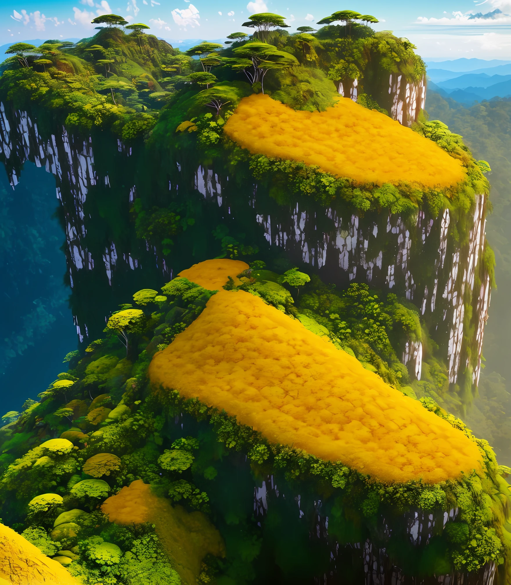 A golden fantasy anthill on top of a cliff in the rainforest, decorated by golden particles, 4k, hd, visual effects